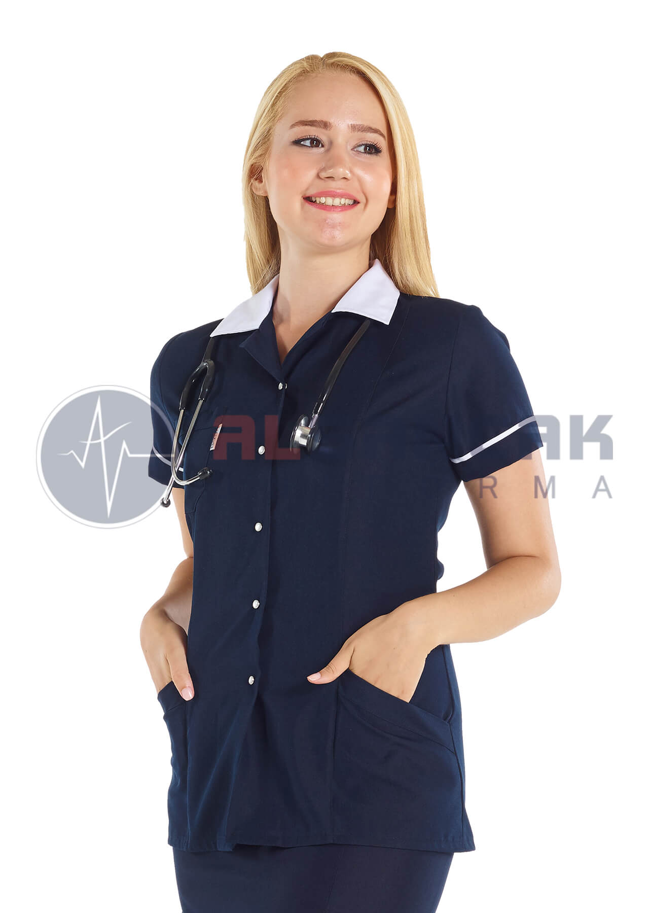 Beyaz Biyeli Lacivert Başhemşire Ceketi (fit kesim) Beyaz Biyeli Lacivert Başhemşire Ceketi (fit kesim)