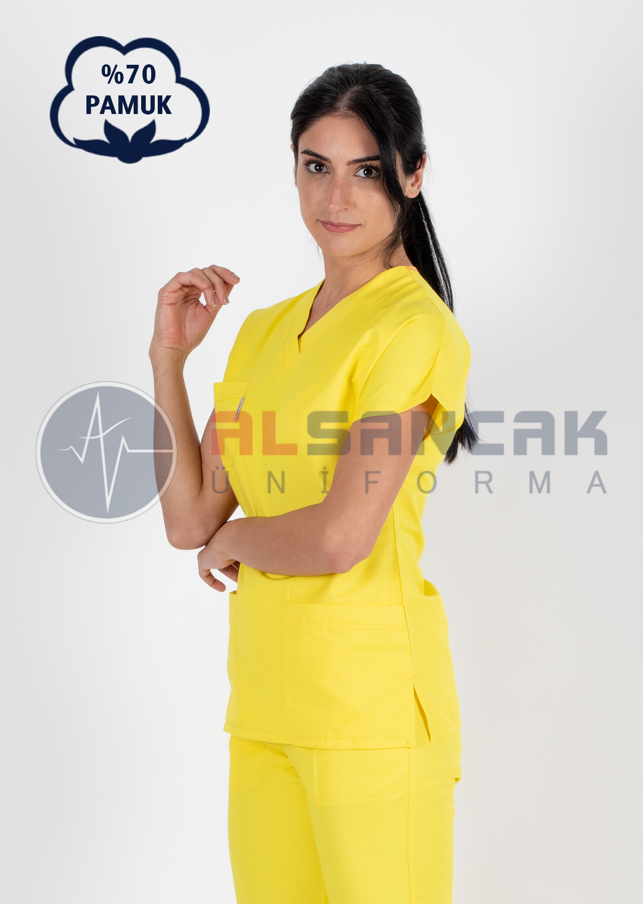 Sarı Pamuklu Scrubs Doktor ve Hemşire Forması