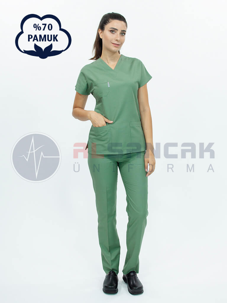 Zeytin Yeşili Pamuklu Doktor ve Hemşire Forması Takımı