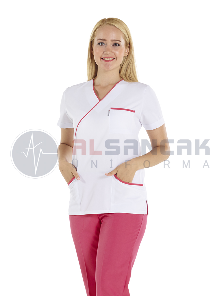Beyaz/Nar Çiçeği Ekol Modeli Doktor ve Hemşire Forması Üstü Beyaz/Nar Çiçeği Ekol Modeli Doktor ve Hemşire Forması Üstü