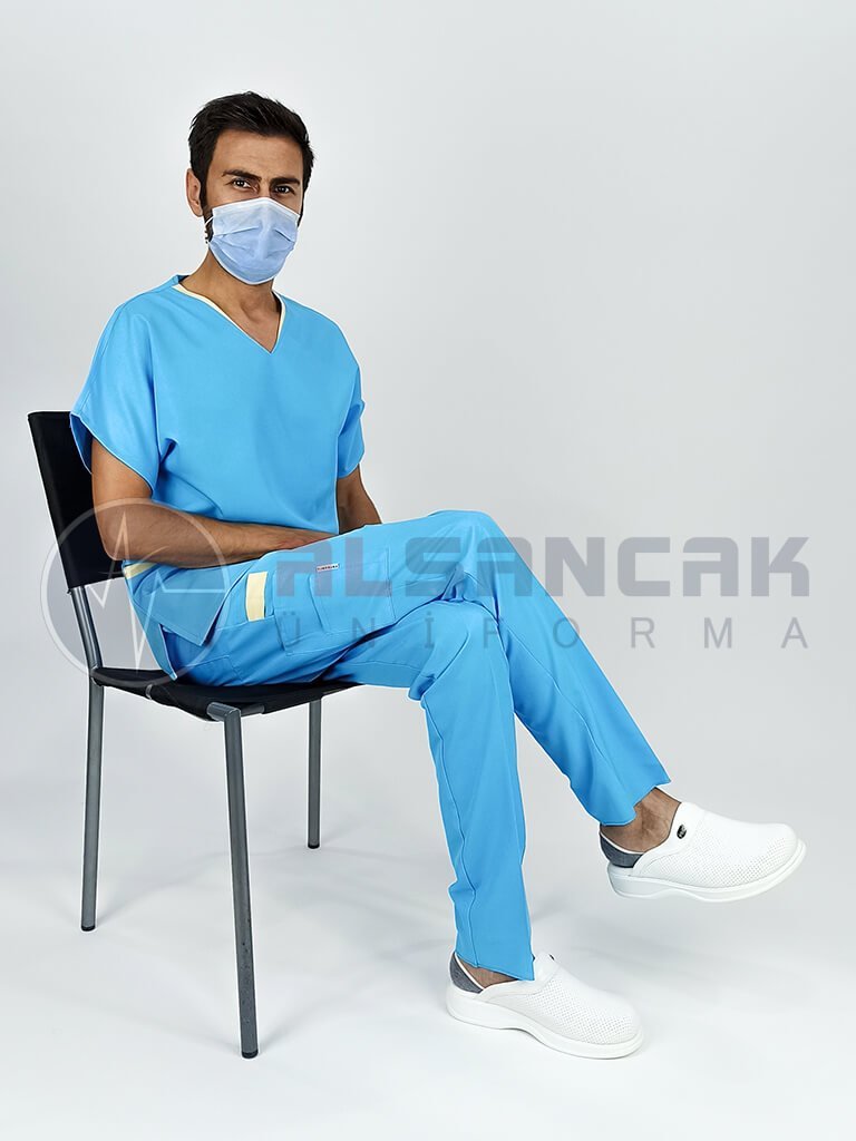 Erkek Kamu Hastaneleri Hemşire Forması - Twin Model Turkuaz Mavi