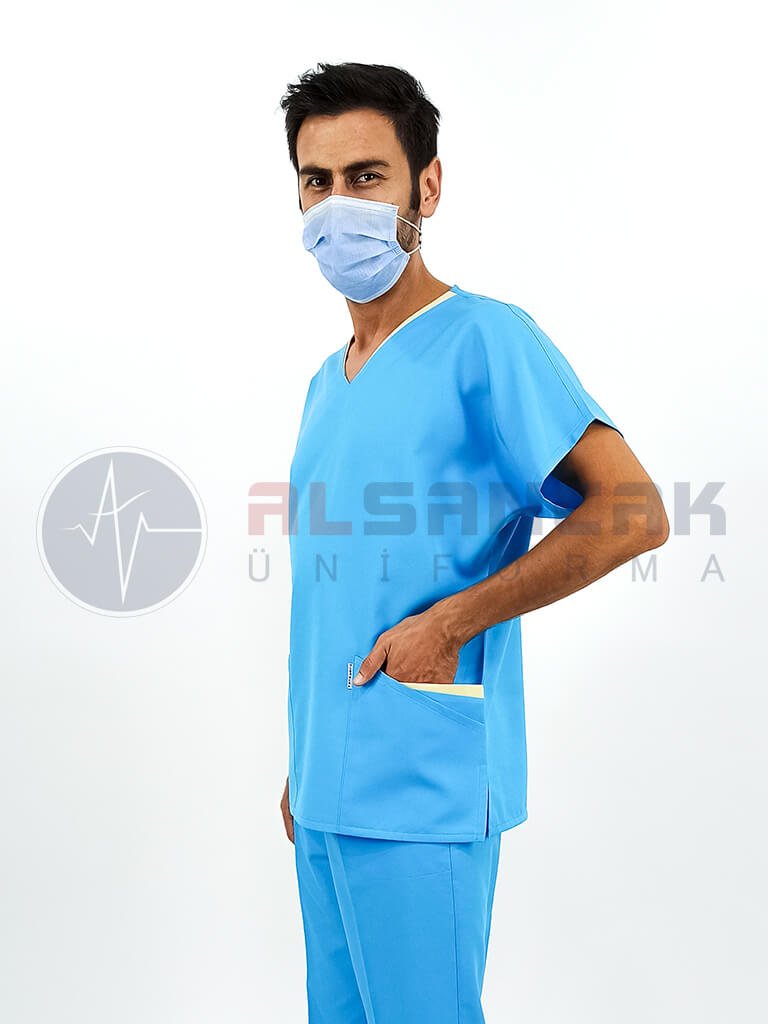 Erkek Kamu Hastaneleri Hemşire Forması - Twin Model Turkuaz Mavi