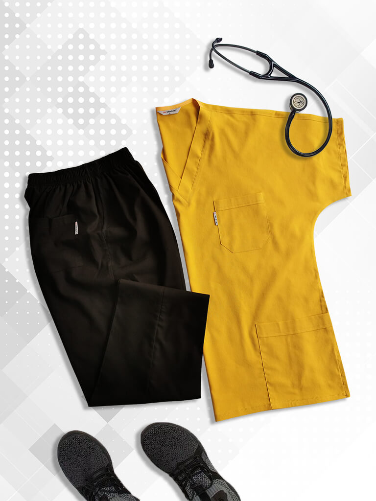 Erkek Hardal/Siyah Likralı Kalın Scrubs Doktor Forması Takımı Erkek Hardal/Siyah Likralı Kalın Scrubs Doktor Forması Takımı