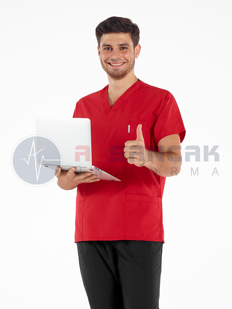 Erkek Kırmızı/Siyah Likralı Kalın Scrubs Doktor Forması Takımı Erkek Kırmızı/Siyah Likralı Kalın Scrubs Doktor Forması Takımı
