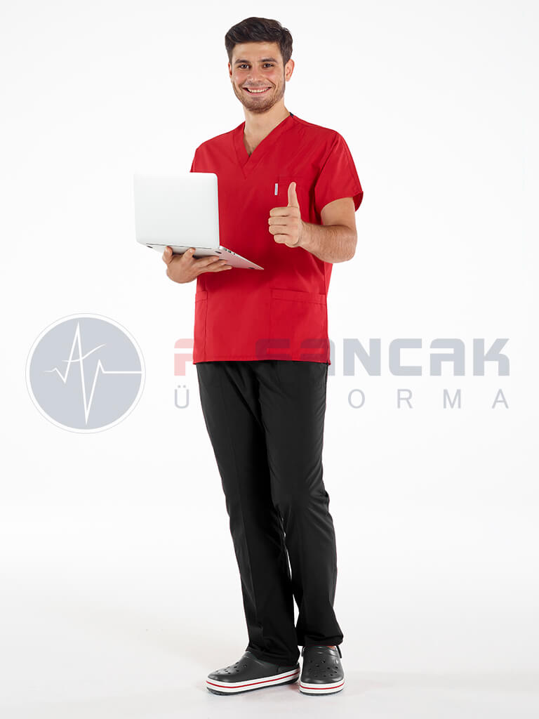 Erkek Kırmızı/Siyah Likralı Kalın Scrubs Doktor Forması Takımı Erkek Kırmızı/Siyah Likralı Kalın Scrubs Doktor Forması Takımı