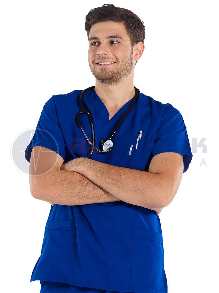 Erkek Saks Mavi Likralı Kalın Scrubs Doktor Forması Takımı Erkek Saks Mavi Likralı Kalın Scrubs Doktor Forması Takımı