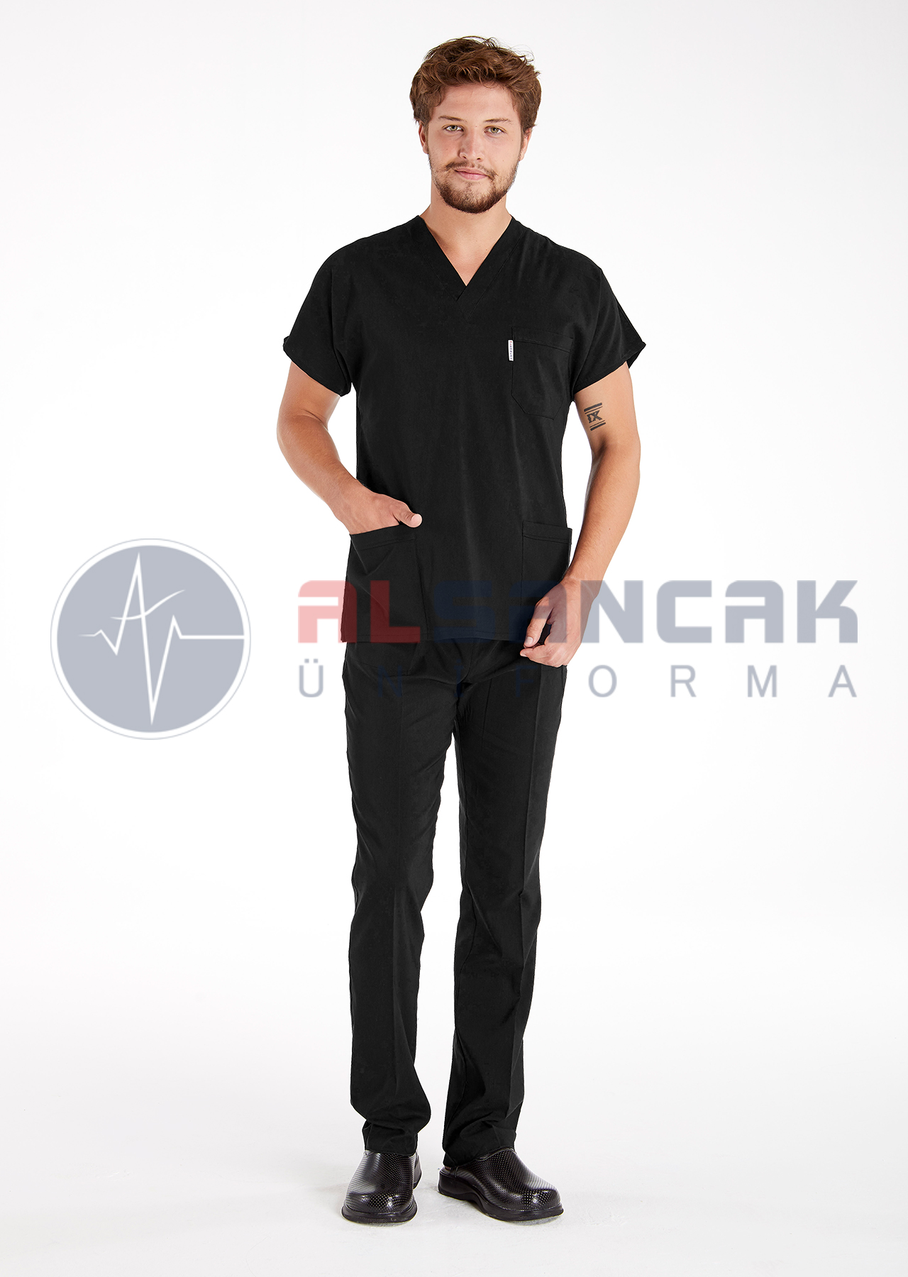 Scrubs Flex® Erkek Siyah Likralı İnce Kumaş Doktor ve Hemşire Forması