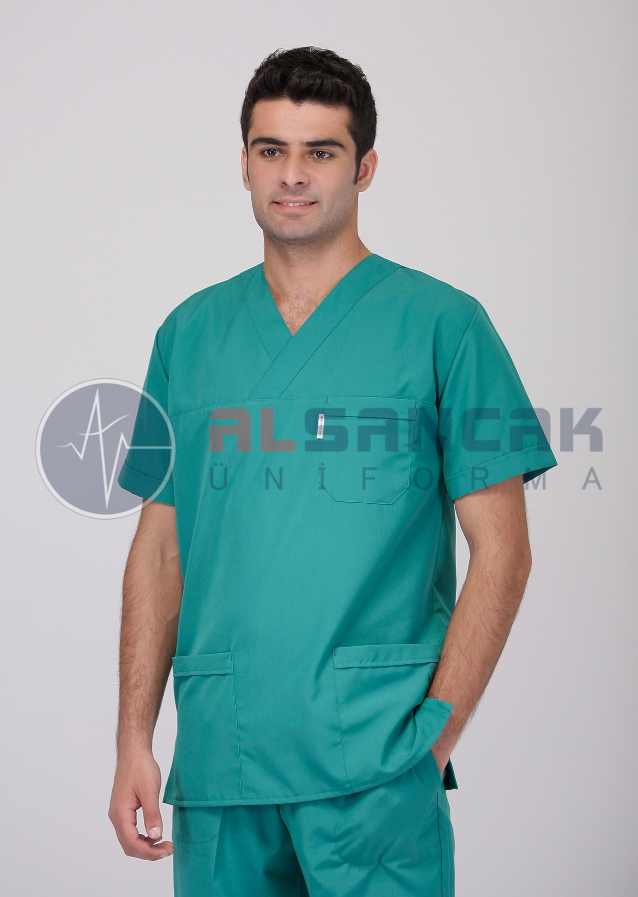 (Outlet) Erkek Basic V Yaka Cerrahi Yeşil Doktor Forması Takımı