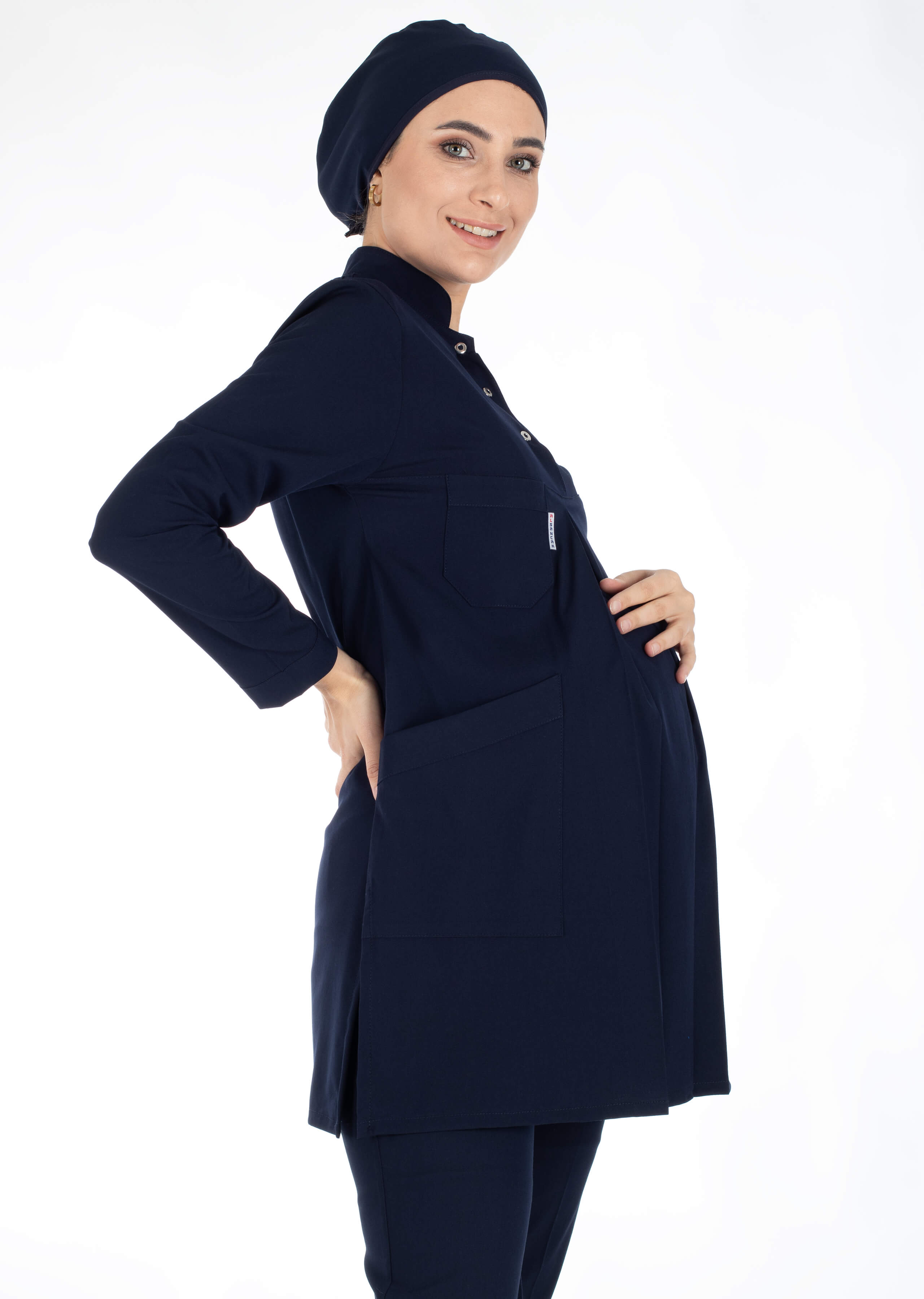 Lacivert Likralı İnce Hamile Tesettür Hemşire Doktor Forması Takımı