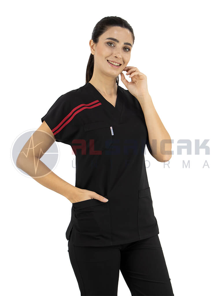 Scrubs Flex® Biyeli Siyah Likralı İnce Doktor Hemşire Forması