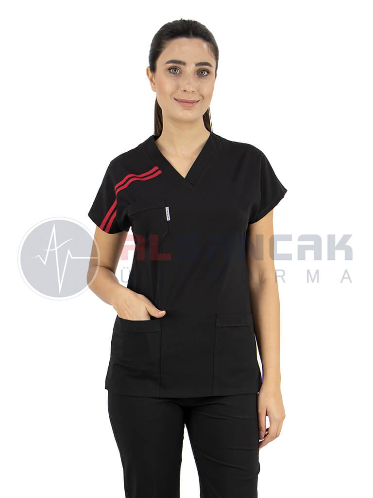 Scrubs Flex® Biyeli Siyah Likralı İnce Doktor Hemşire Forması