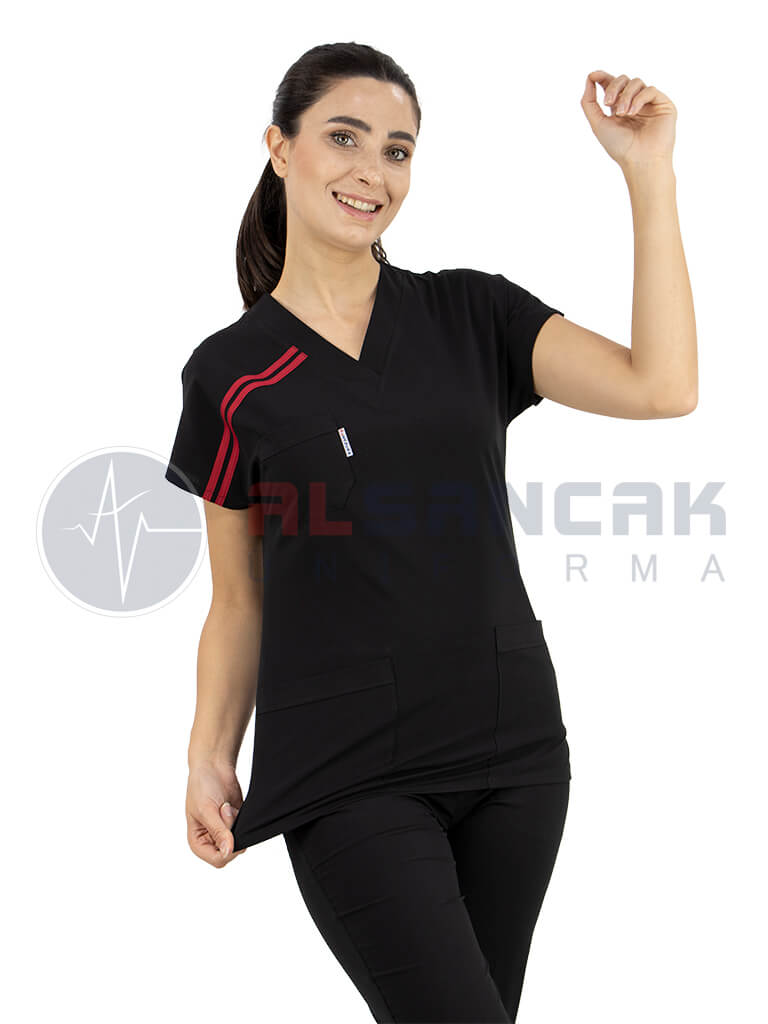 Scrubs Flex® Biyeli Siyah Likralı İnce Doktor Hemşire Forması