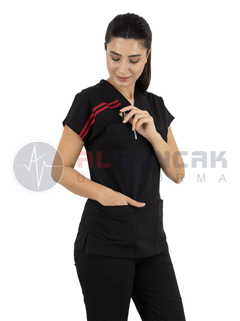 Scrubs Flex® Biyeli Siyah Likralı Terikoton Doktor Hemşire Forması