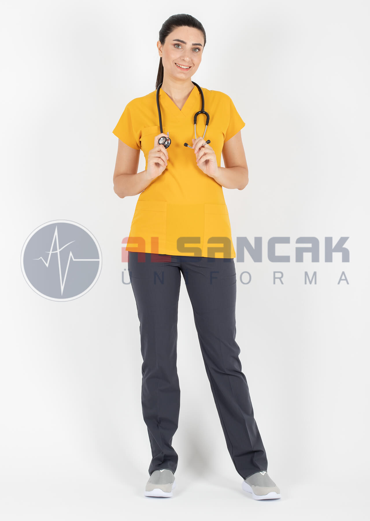 Scrubs Flex® Hardal/Antrasit Likralı İnce Doktor Hemşire Forması