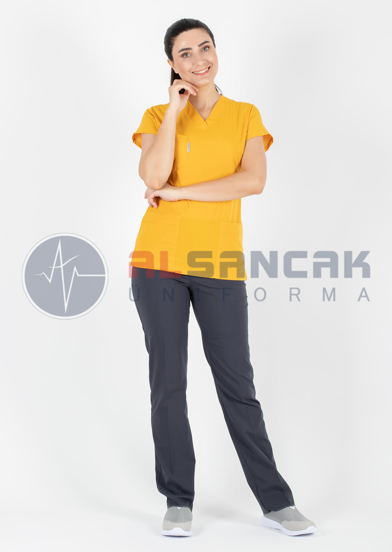 Scrubs Flex® Hardal/Antrasit Likralı Terikoton Doktor Hemşire Forması