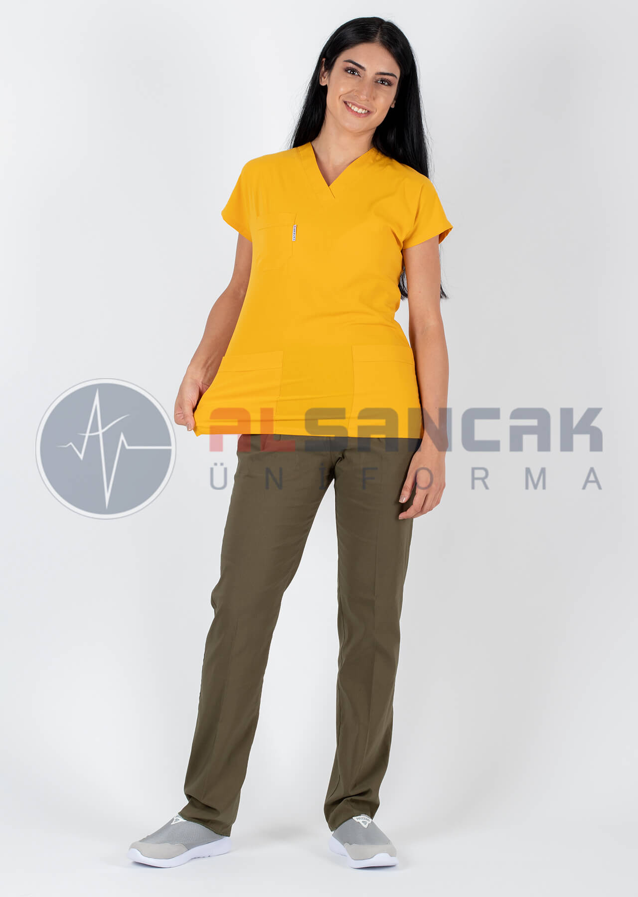 Scrubs Flex® Hardal/Haki Likralı Alpaka Doktor Hemşire Forması Scrubs Flex® Hardal/Haki Likralı Alpaka Doktor Hemşire Forması