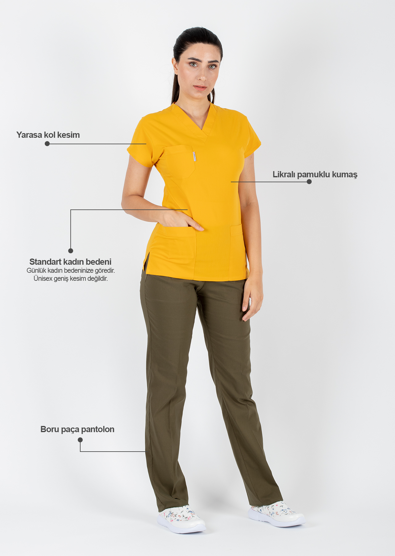 Scrubs Flex® Hardal/Haki Likralı Alpaka Doktor Hemşire Forması Scrubs Flex® Hardal/Haki Likralı Alpaka Doktor Hemşire Forması