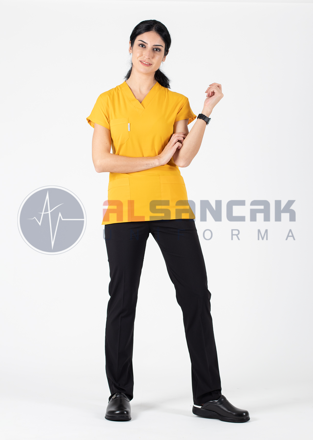Scrubs Flex® Hardal/Siyah Likralı Alpaka Doktor Hemşire Forması