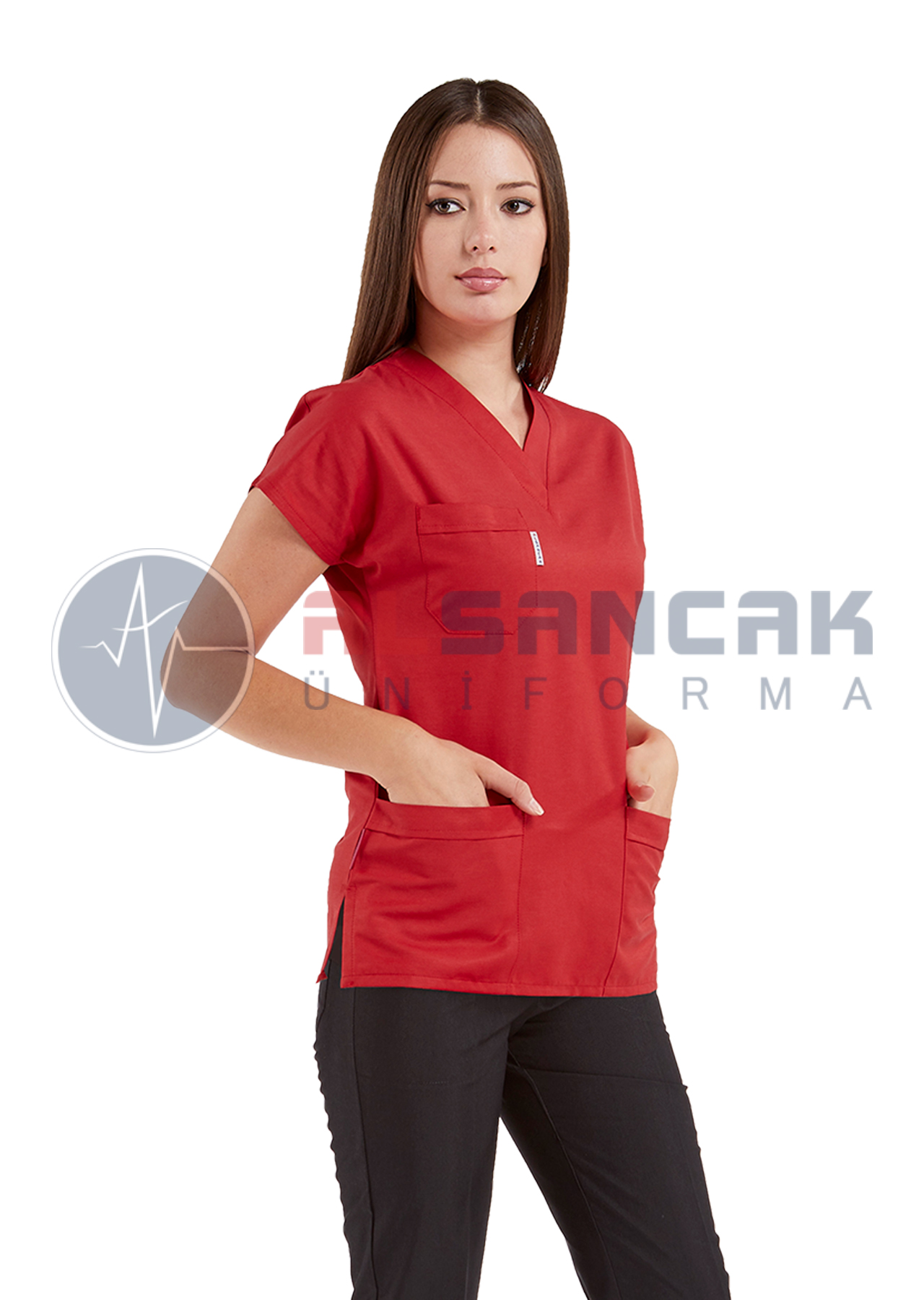 Scrubs Flex® Kırmızı/Siyah Likralı Alpaka Doktor ve Hemşire Forması
