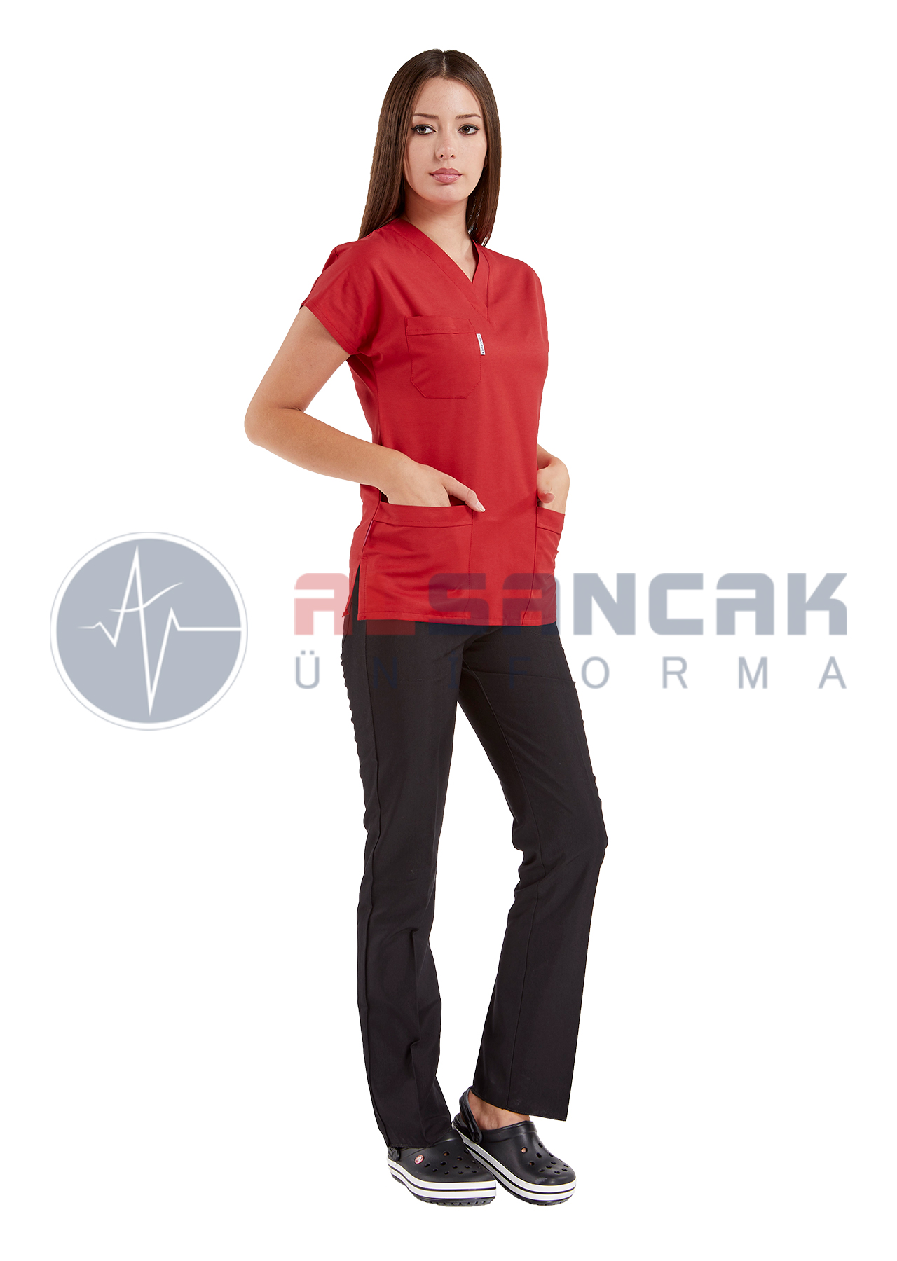Scrubs Flex® Kırmızı/Siyah Likralı Alpaka Doktor ve Hemşire Forması