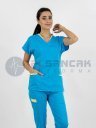 Kadın Likralı Kamu Hastaneleri Hemşire Forması - Twin Model Turkuaz Mavi