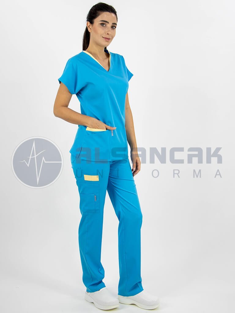 Kadın Likralı Kamu Hastaneleri Hemşire Forması - Twin Model Turkuaz Mavi
