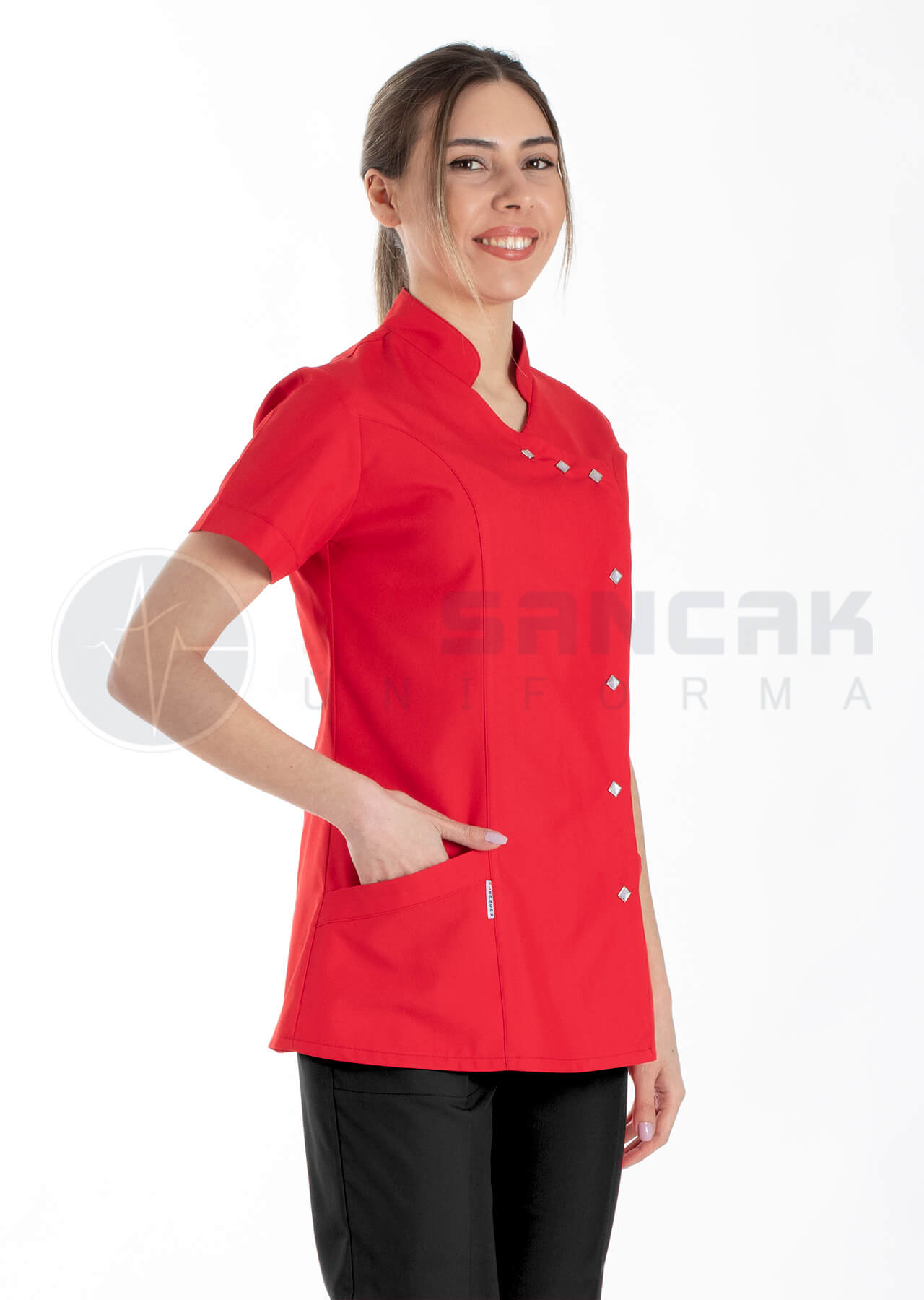 Luxe Flex Kırmızı/Siyah Likralı Hemşire ve Doktor Forması Takımı