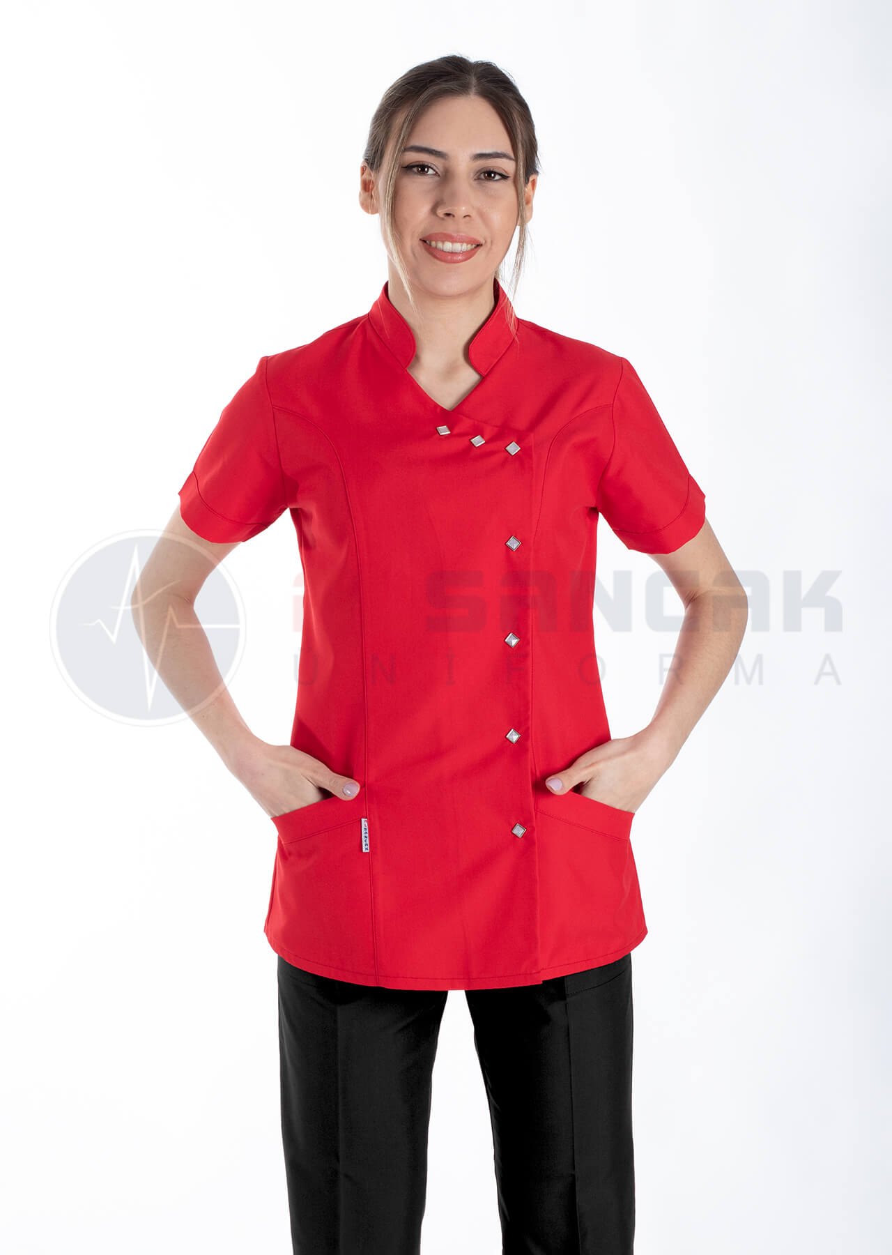 Luxe Flex Kırmızı/Siyah Likralı Hemşire ve Doktor Forması Takımı