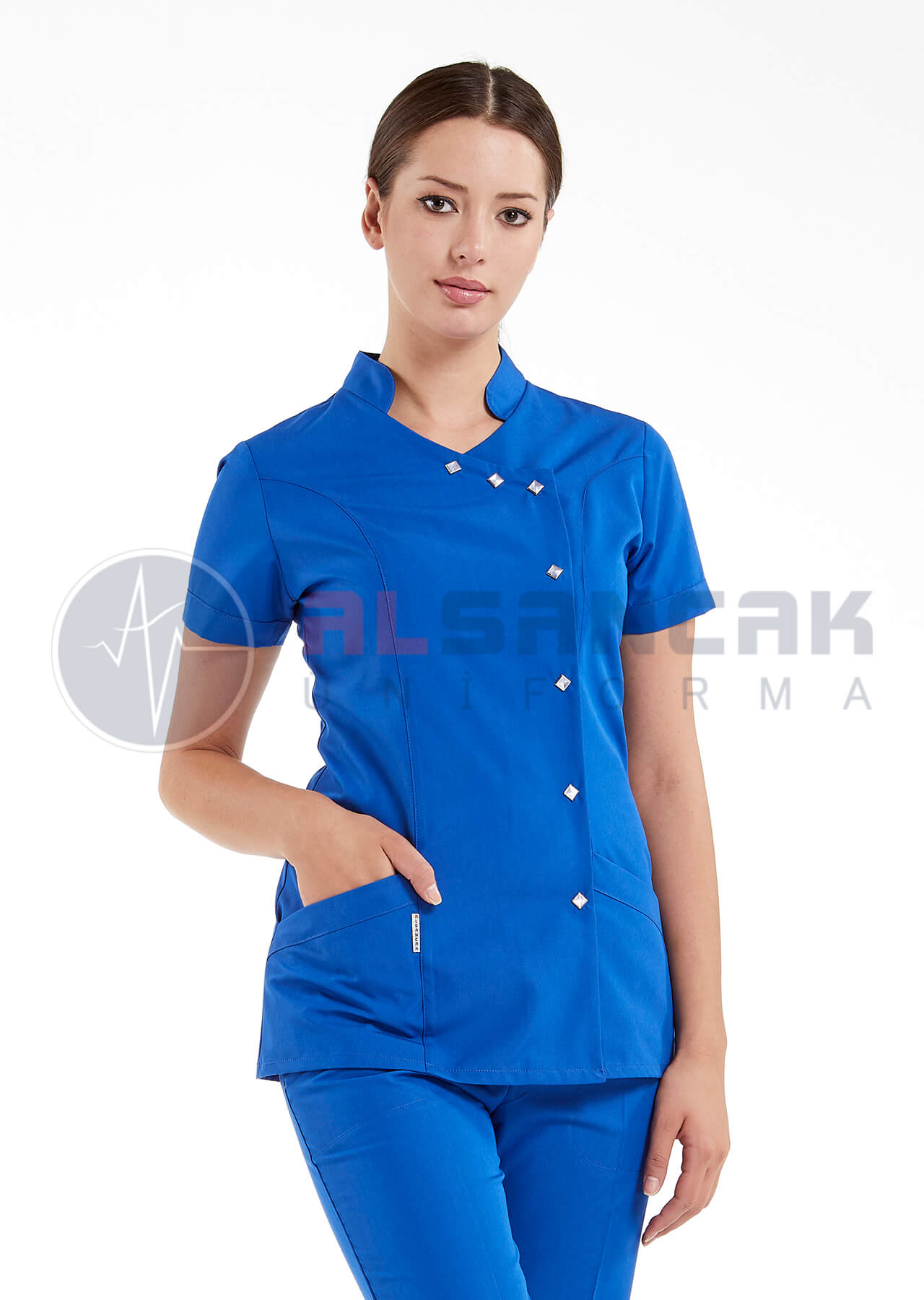 Luxe Flex Saks Mavi Likralı Hemşire ve Doktor Forması Takımı