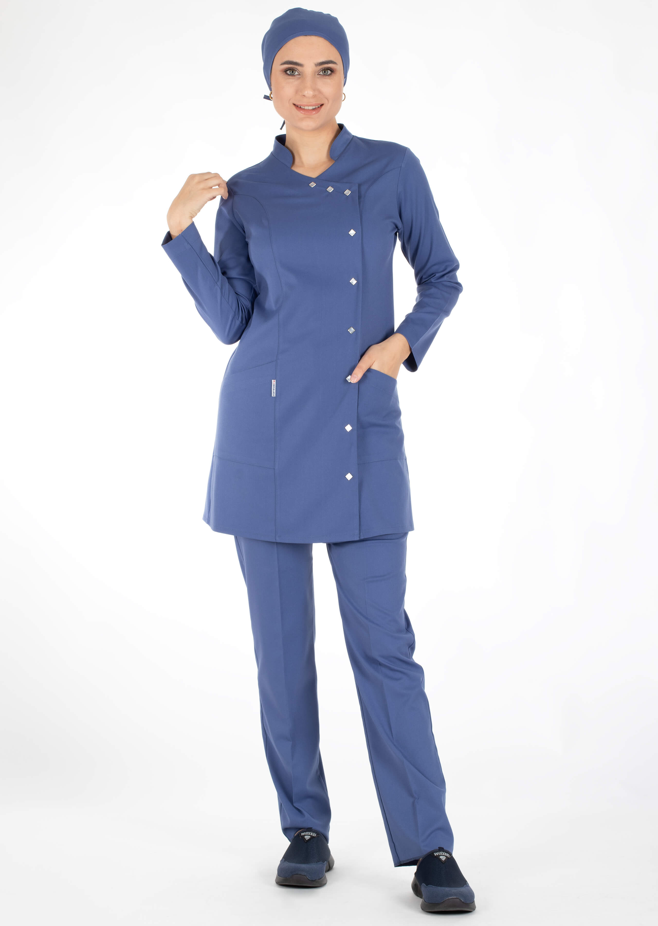 Luxe Model Fırtına Mavi Likralı Tesettür Hemşire Doktor Forması Takımı