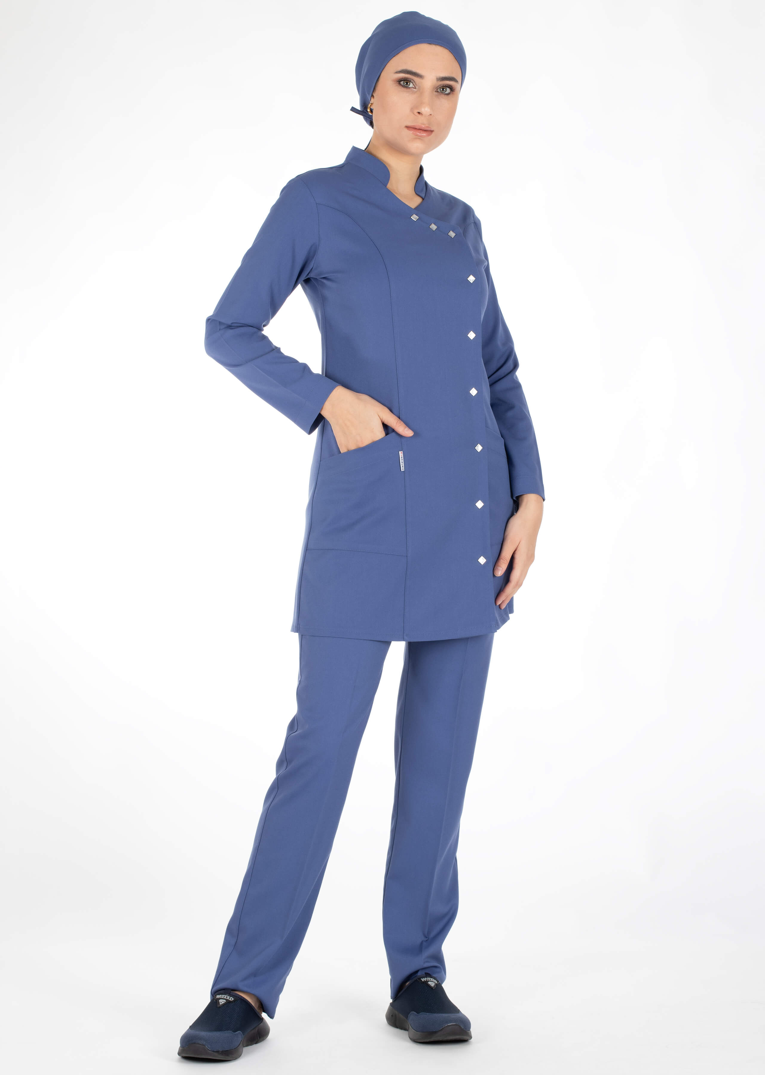 Luxe Model Fırtına Mavi Likralı Tesettür Hemşire Doktor Forması Takımı
