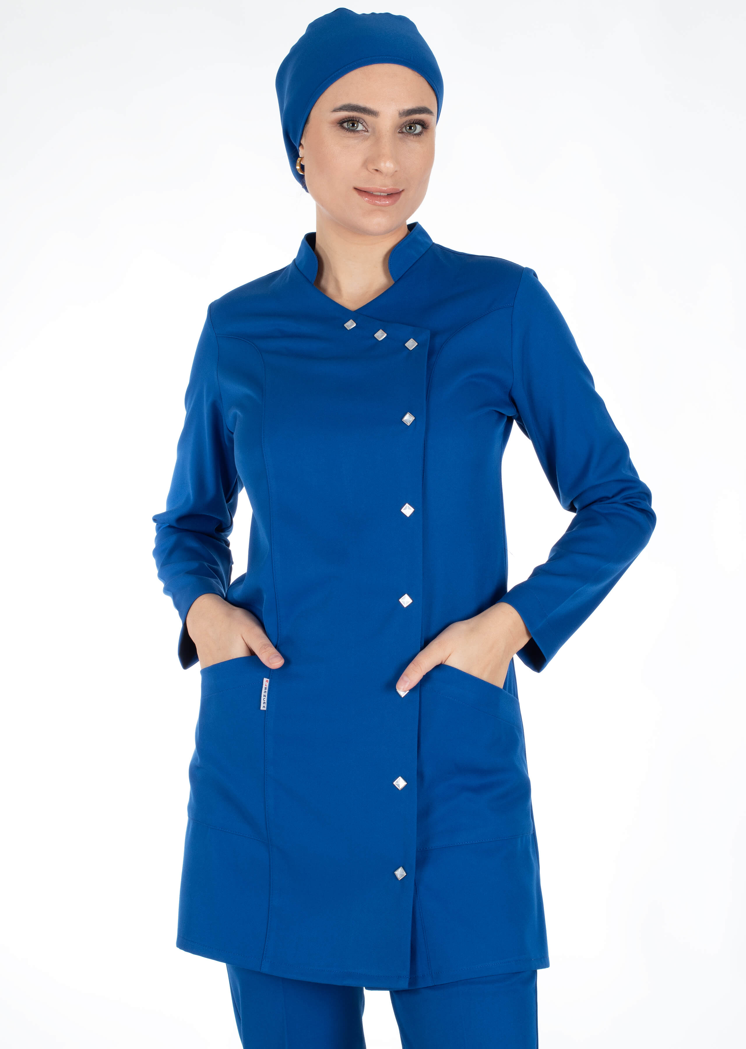 Luxe Model Saks Mavi Likralı Tesettür Hemşire Doktor Forması Takımı