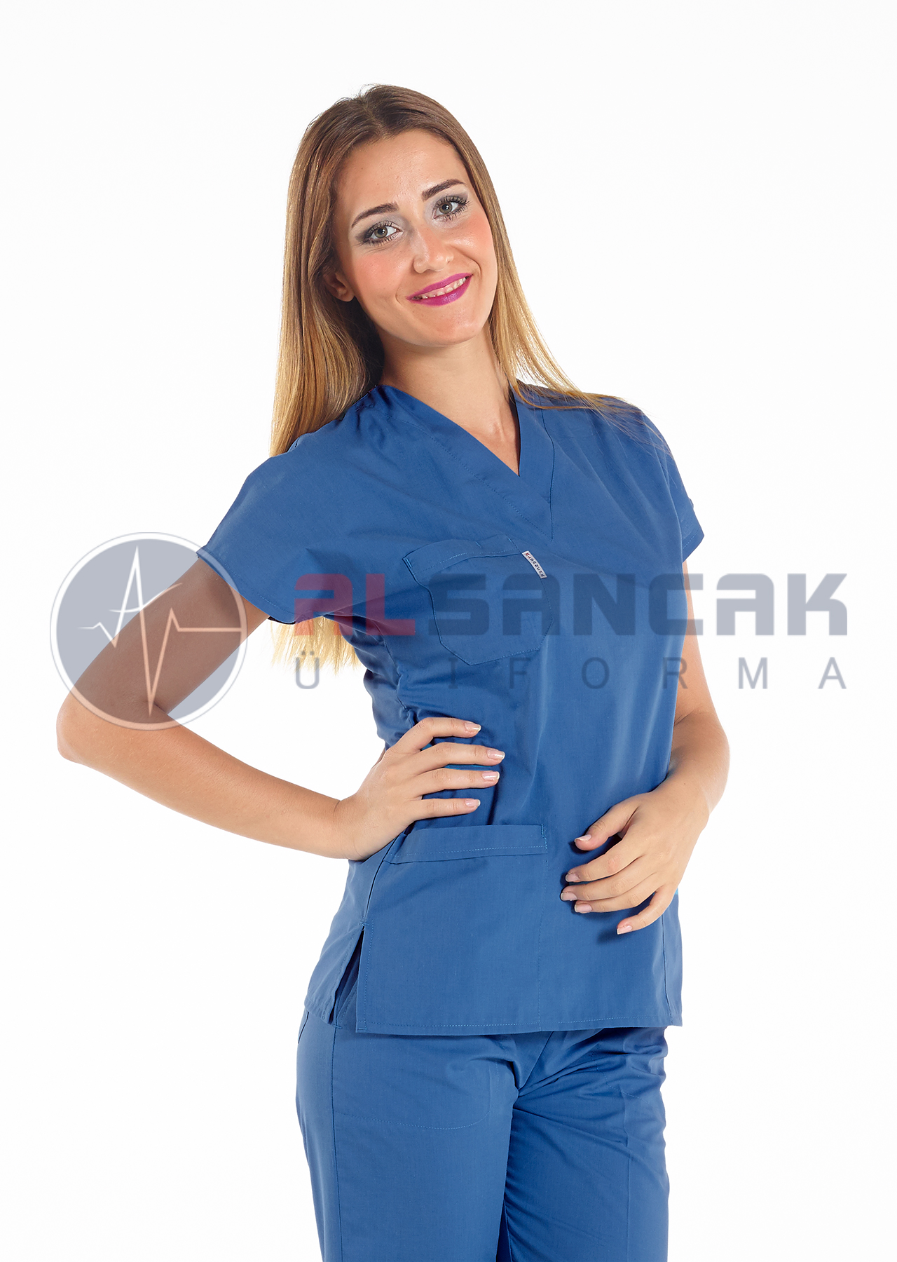 Outlet - Kadın Scrubs Fırtına Mavi Doktor ve Hemşire Forması
