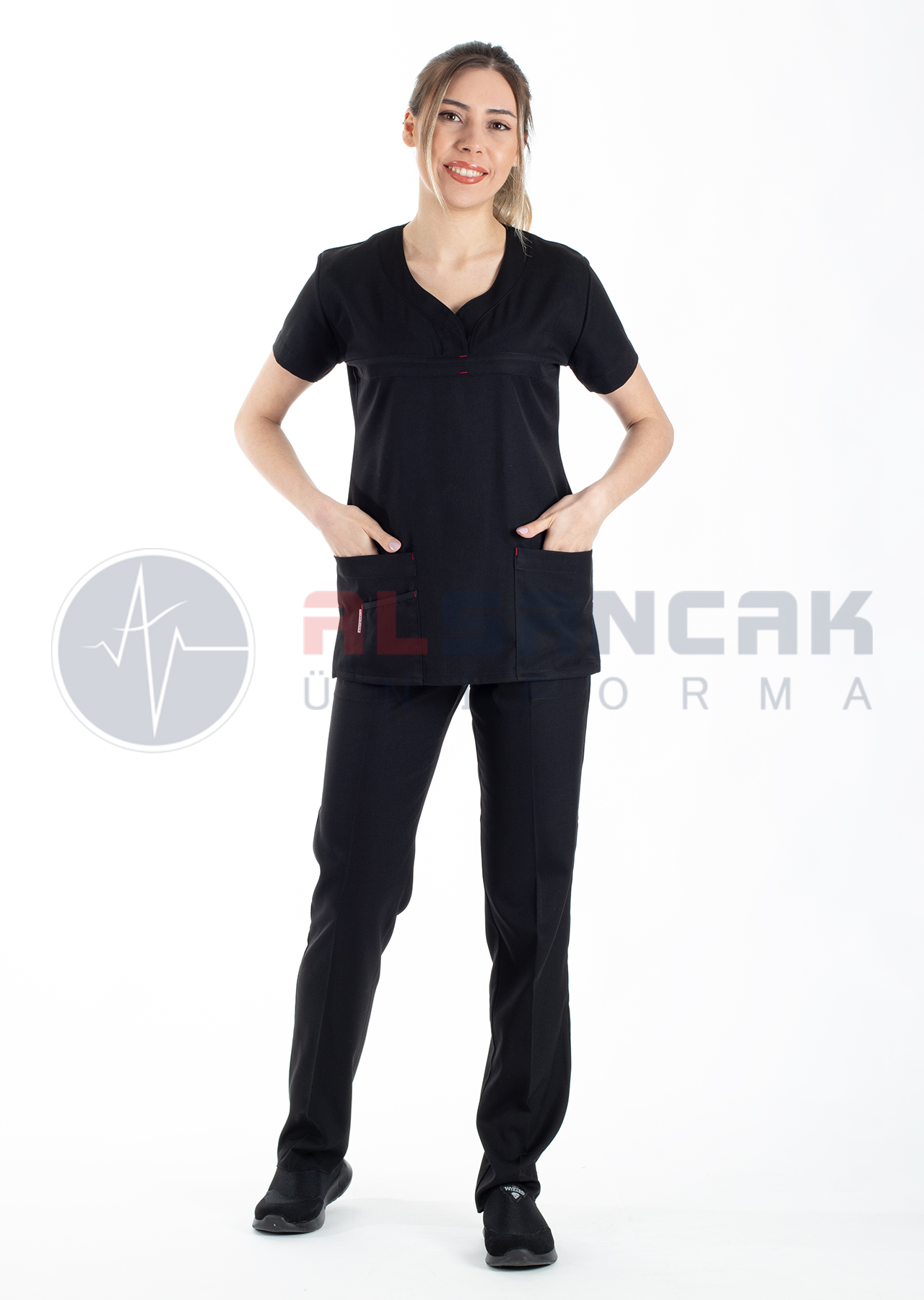 Petit Modeli Siyah Alpaka Kumaş Doktor Hemşire Forması