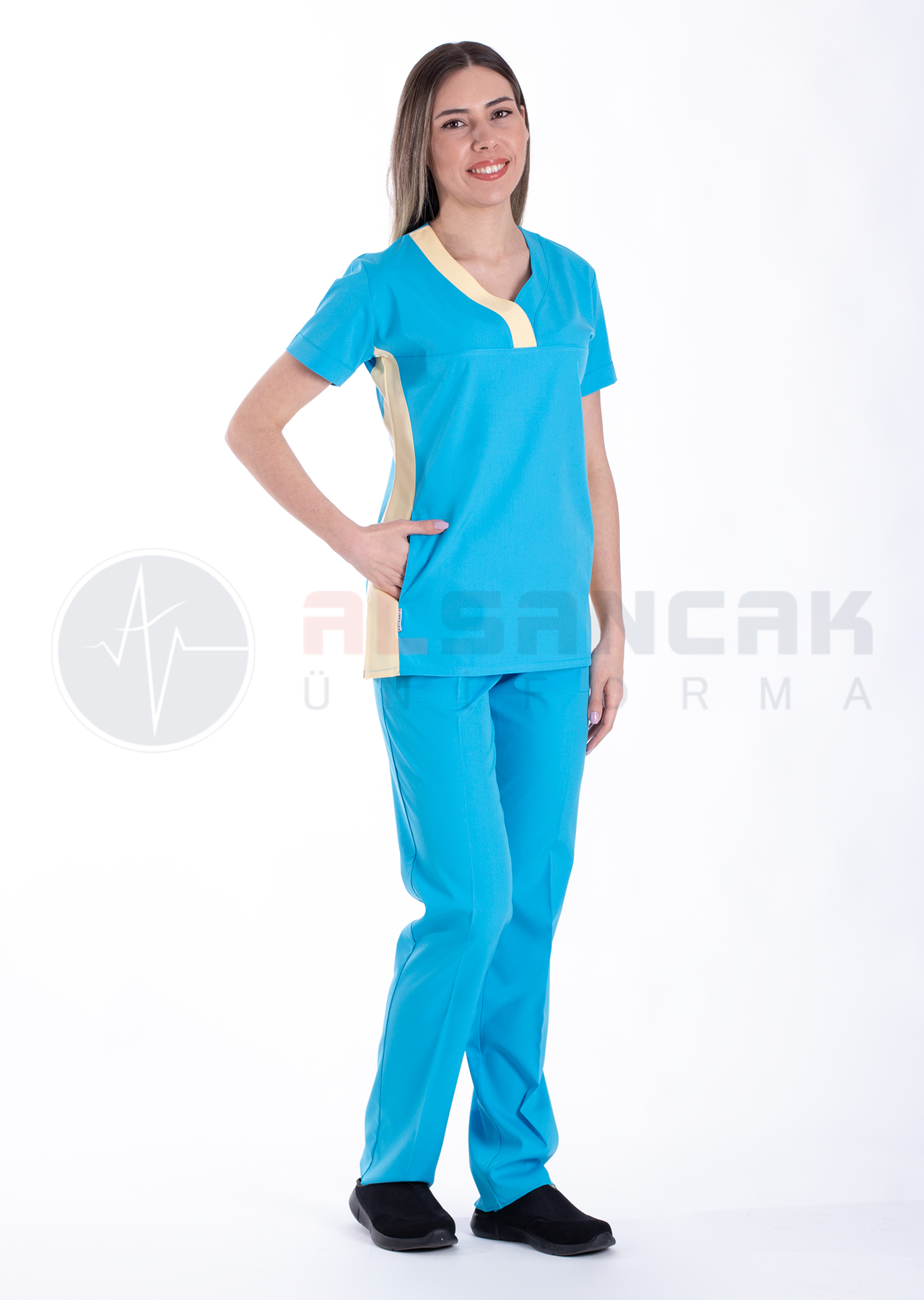 Petit Flex Likralı Turkuaz/Sarı Doktor Hemşire Forması Petit Flex Likralı Turkuaz/Sarı Doktor Hemşire Forması