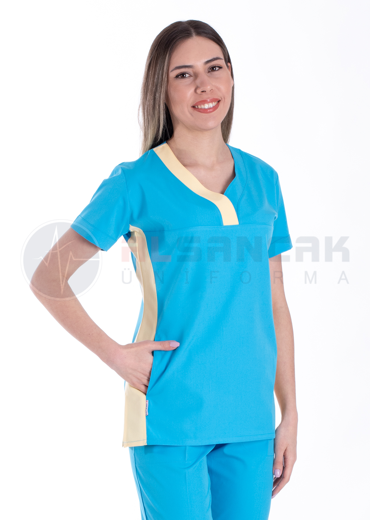 Petit Flex Likralı Turkuaz/Sarı Doktor Hemşire Forması Petit Flex Likralı Turkuaz/Sarı Doktor Hemşire Forması