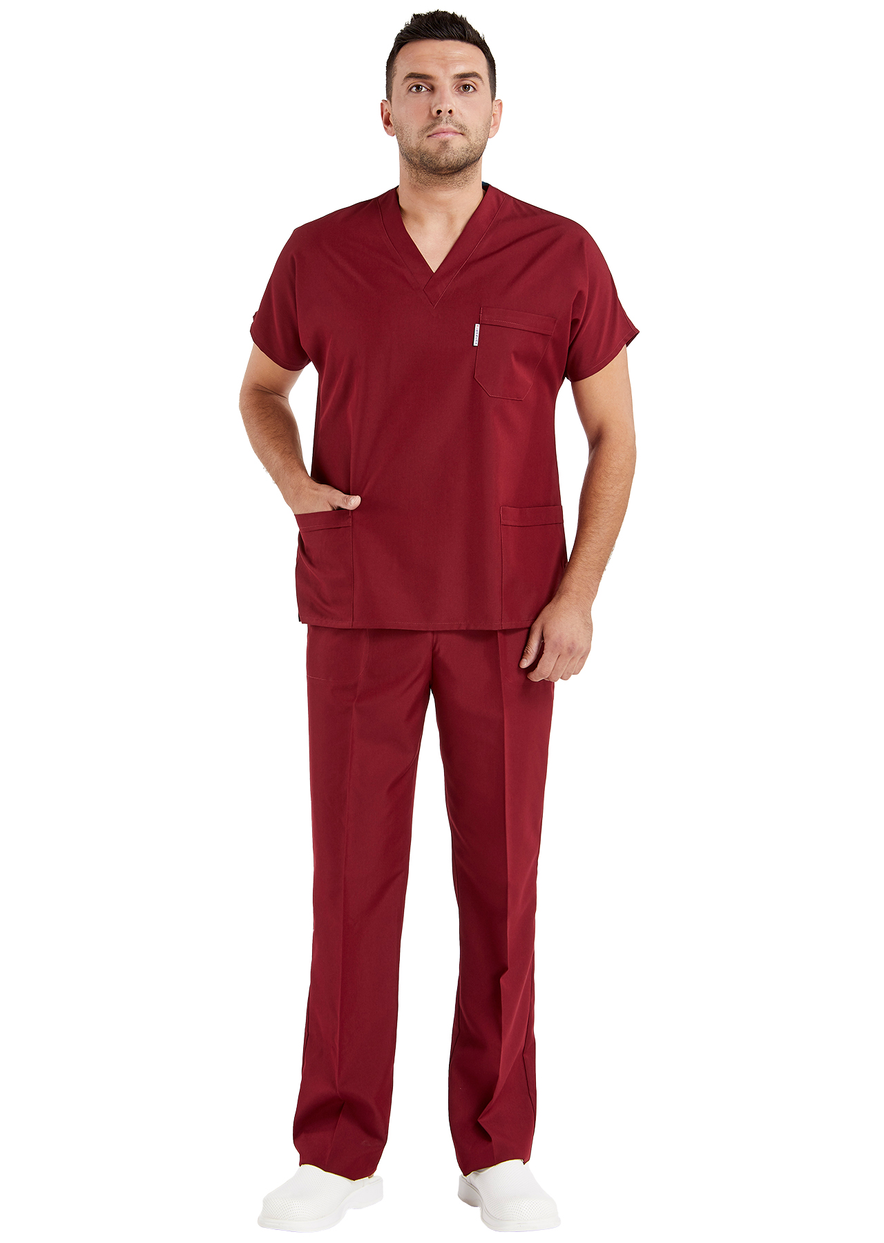 Erkek Bordo Likralı İnce Scrubs Doktor Forması Takımı