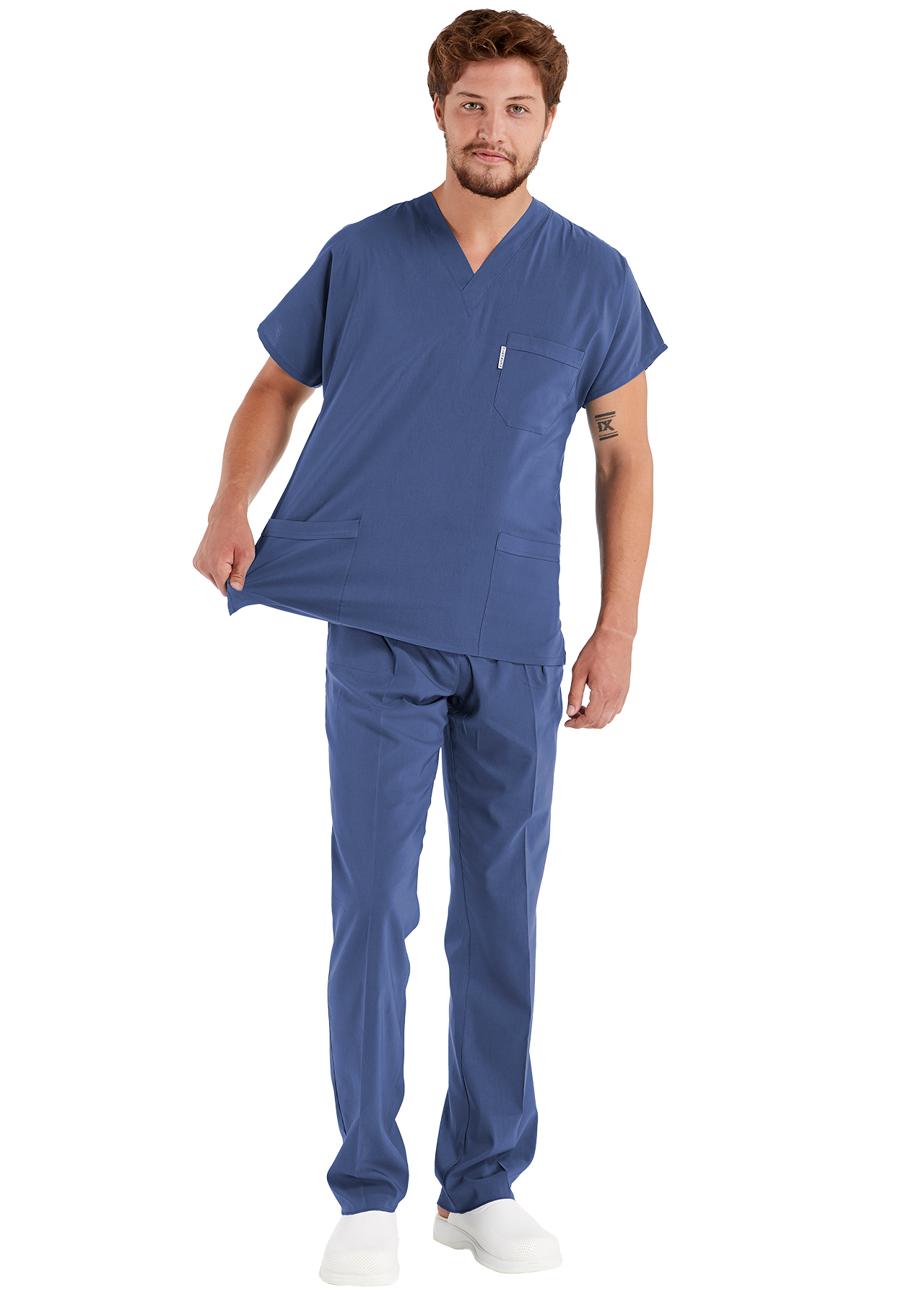 Erkek Fırtına Mavi Likralı Kalın Scrubs Doktor Forması Takımı