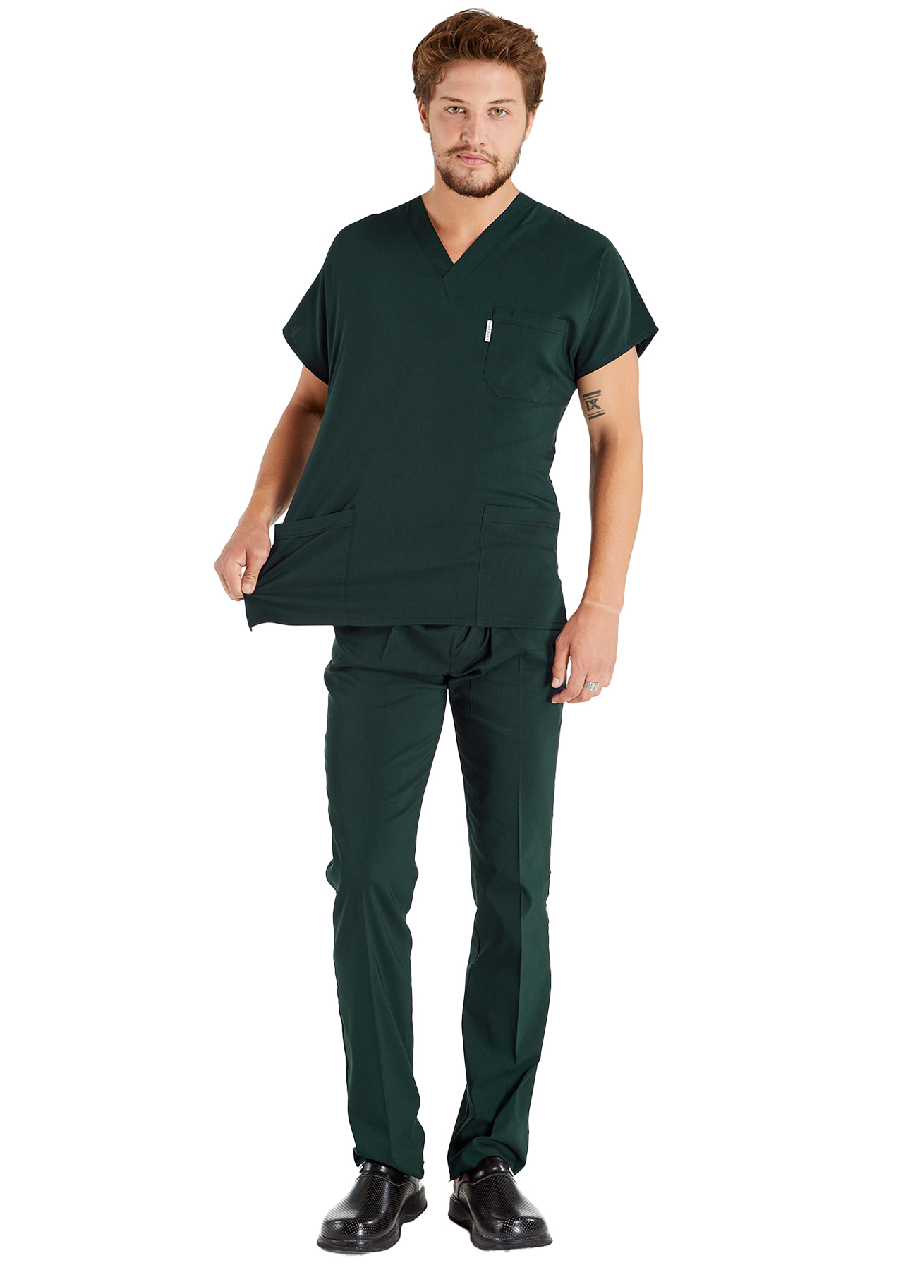 Erkek Ördekbaşı Yeşili Likralı Kalın Scrubs Doktor Forması Takımı