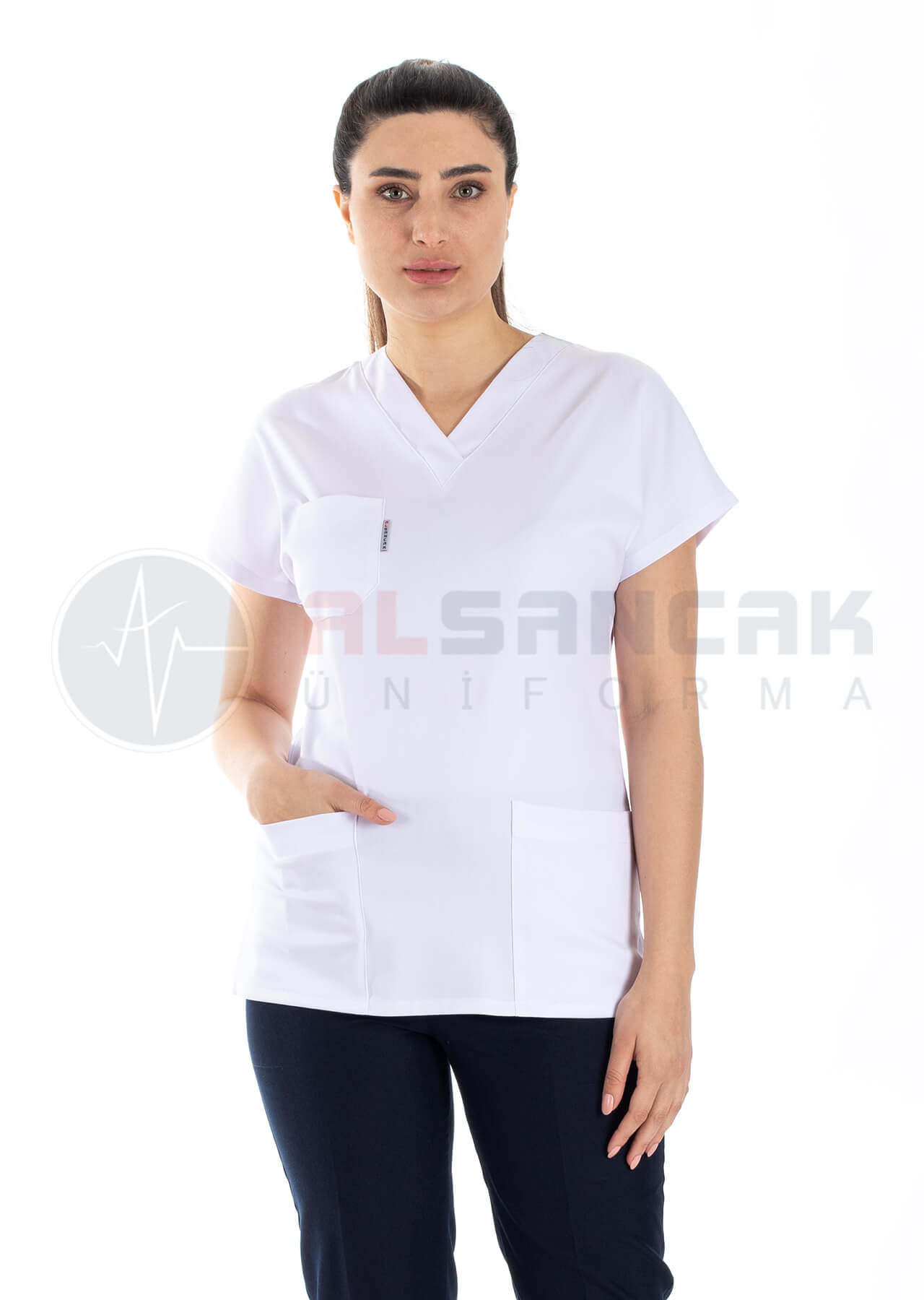 Scrubs Flex® Beyaz/Lacivert Likralı Kalın Doktor ve Hemşire Forması