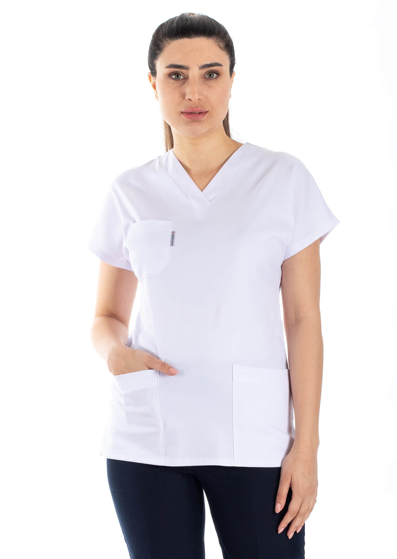 Beyaz/Lacivert Likralı İnce Scrubs Doktor Hemşire Forması Takımı Beyaz/Lacivert Likralı İnce Scrubs Doktor Hemşire Forması Takımı