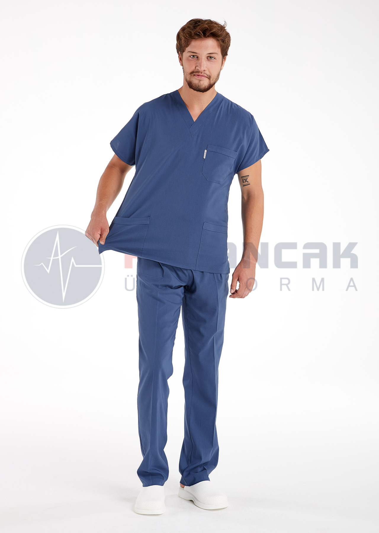 Scrubs Flex® Erkek Fırtına Mavi Likralı İnce Kumaş Doktor ve Hemşire Forması