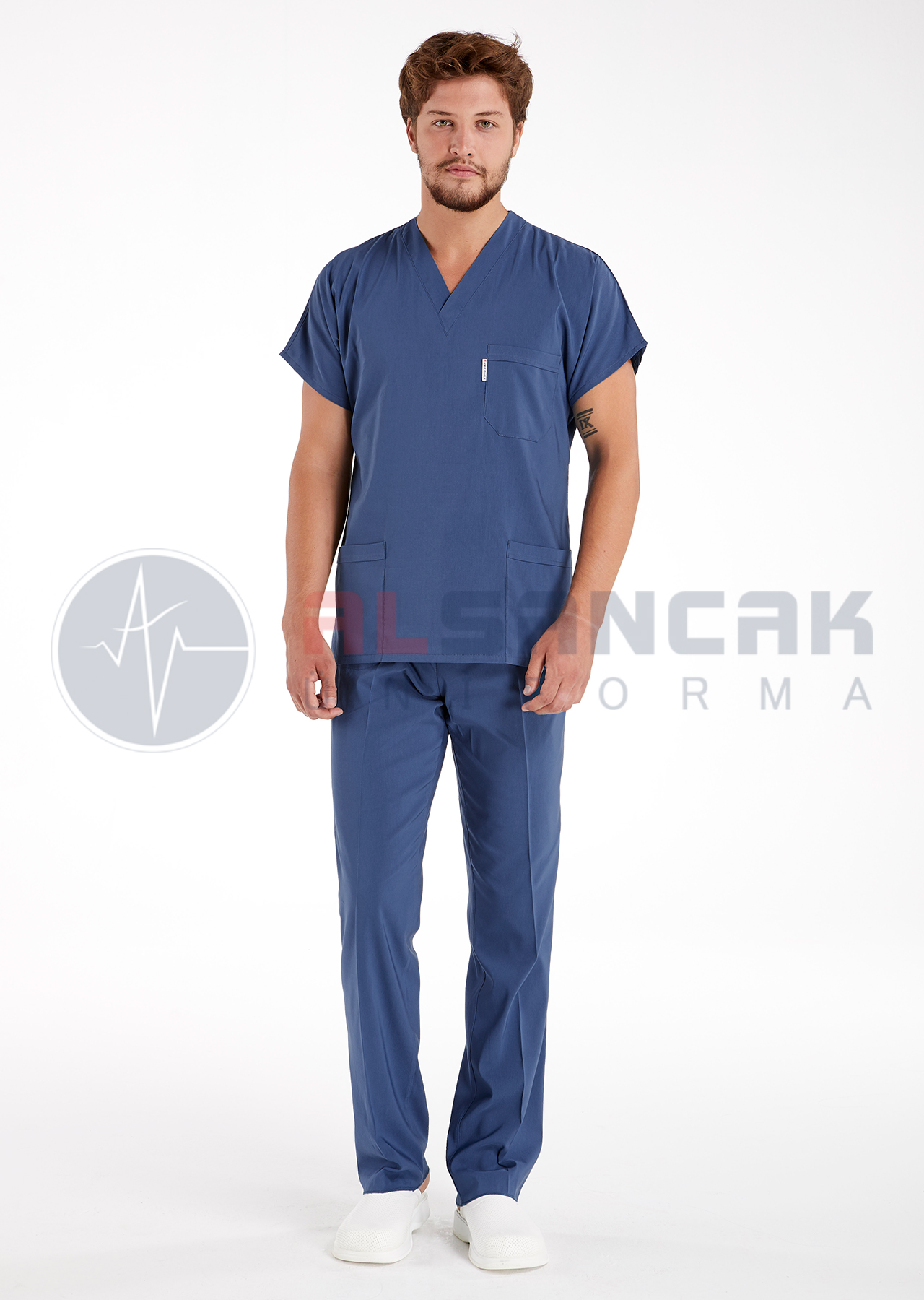 Scrubs Flex® Erkek Fırtına Mavi Soft Likralı İnce Doktor ve Hemşire Forması