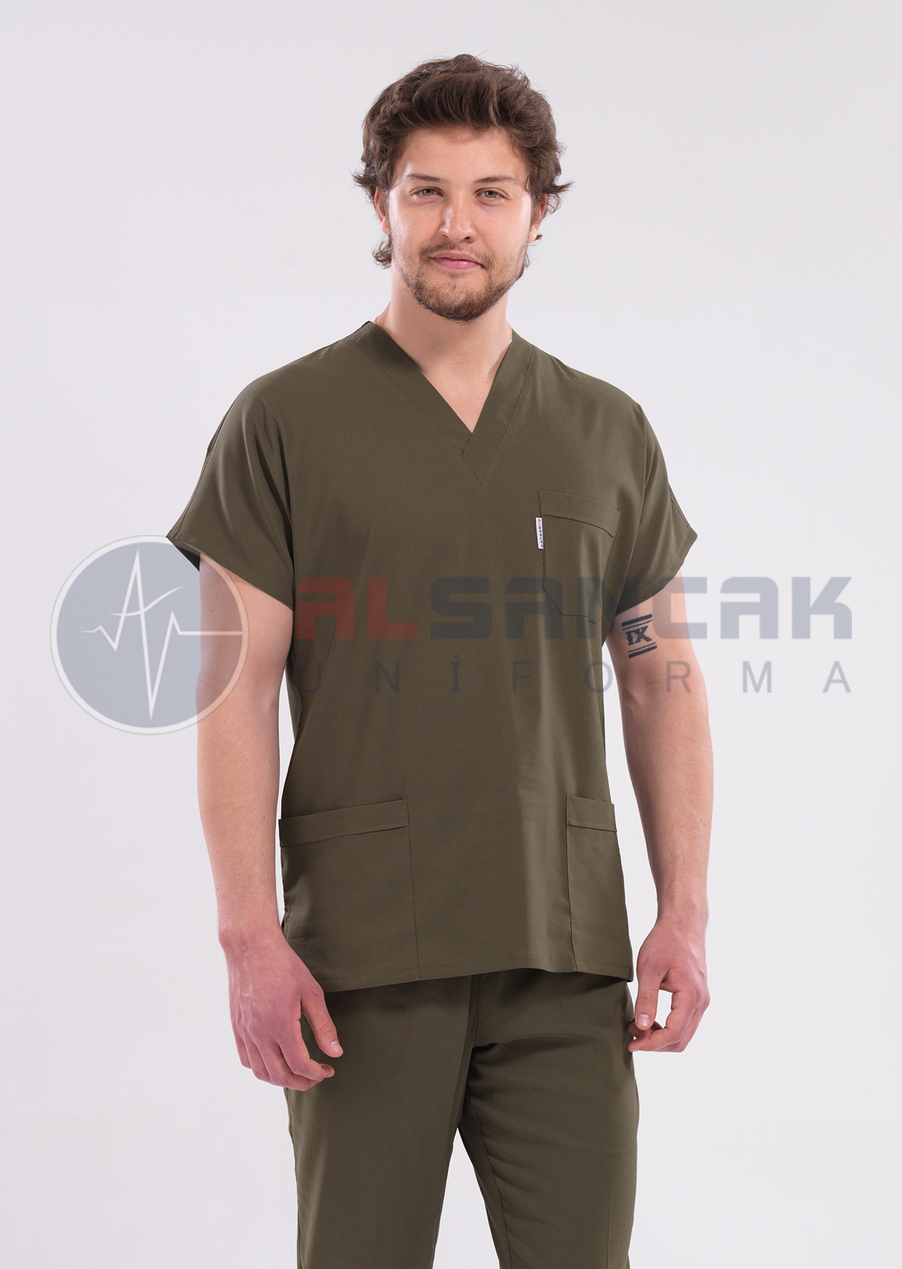 Scrubs Flex® Erkek Haki Likralı İnce Kumaş Doktor ve Hemşire Forması
