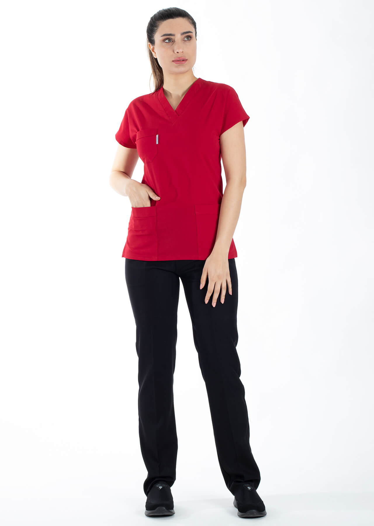 Kırmızı/Siyah Likralı Kalın Scrubs Doktor Hemşire Forması Takımı