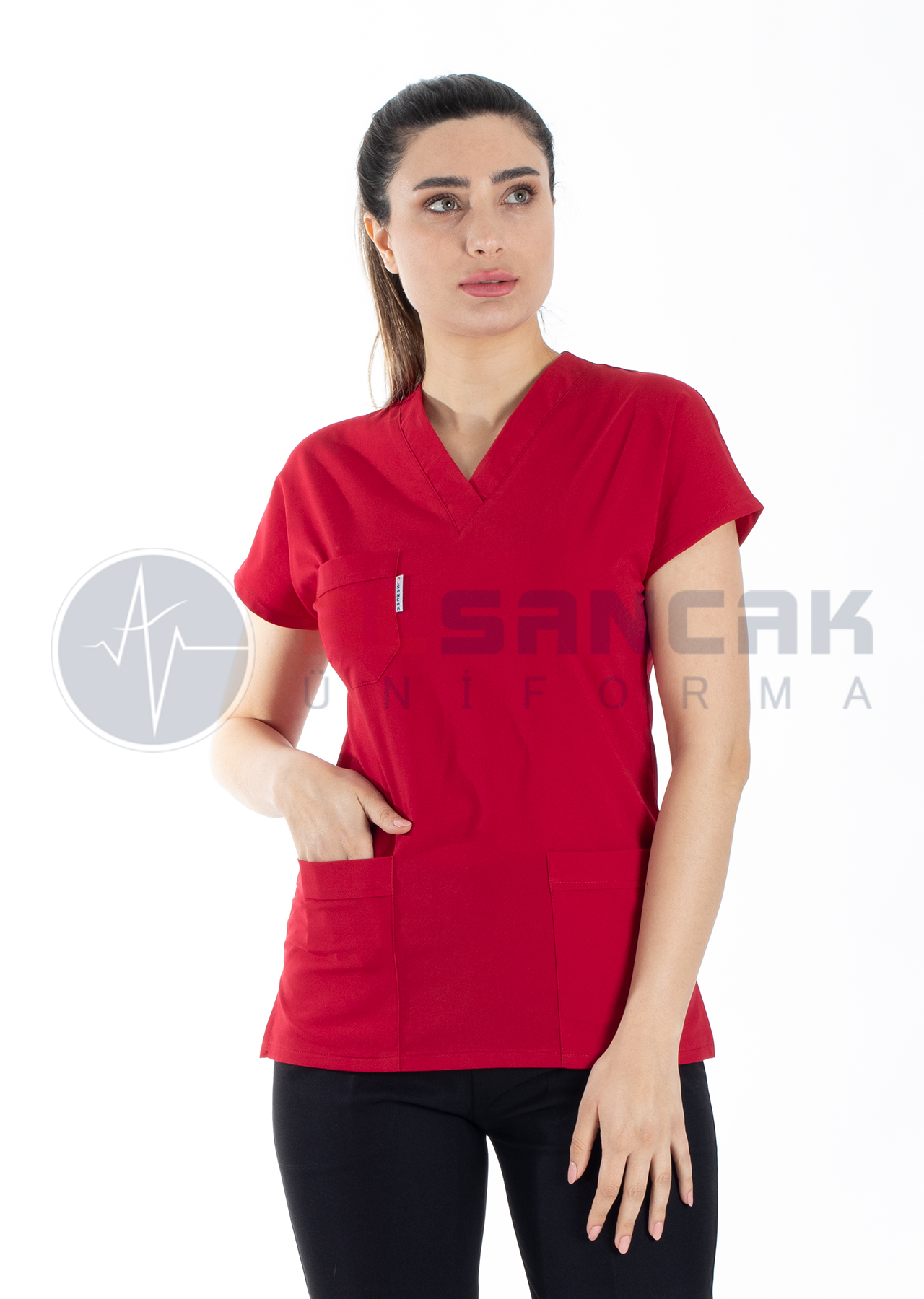 Scrubs Flex® Kırmızı Likralı İnce Kumaş Hemşire Forması Üstü