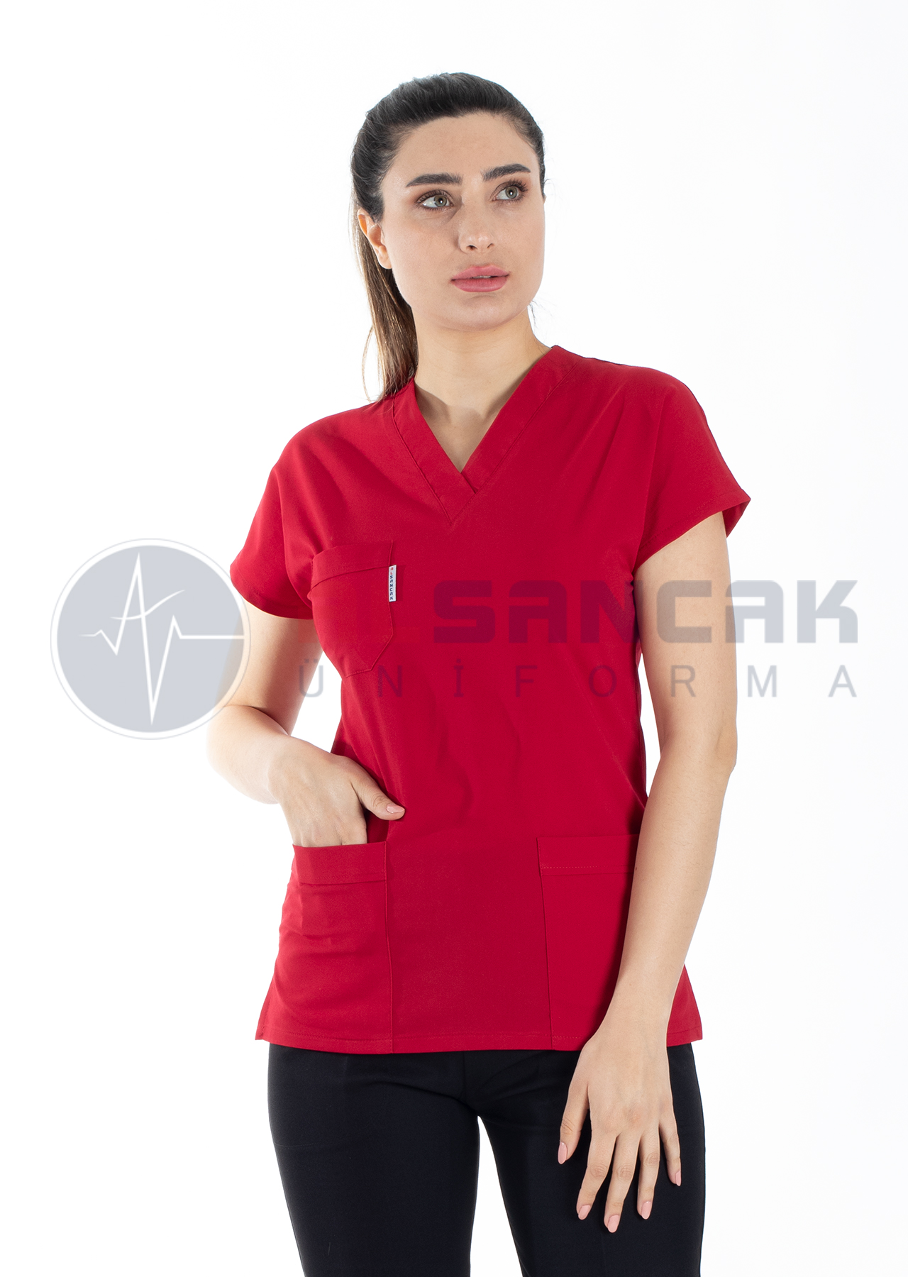 Scrubs Flex® Kırmızı/Siyah Soft Likralı İnce Doktor ve Hemşire Forması