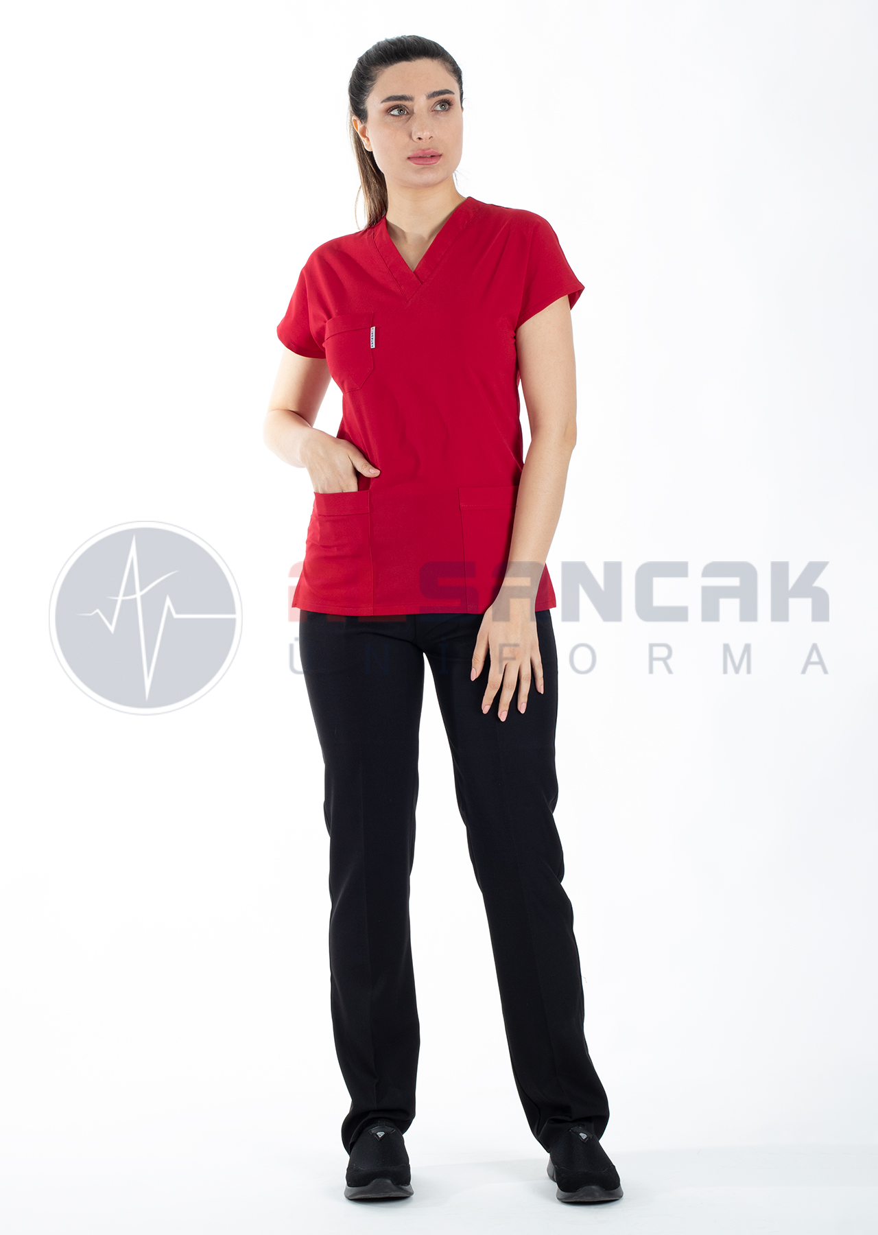 Scrubs Flex® Kırmızı/Siyah Likralı İnce Doktor ve Hemşire Forması