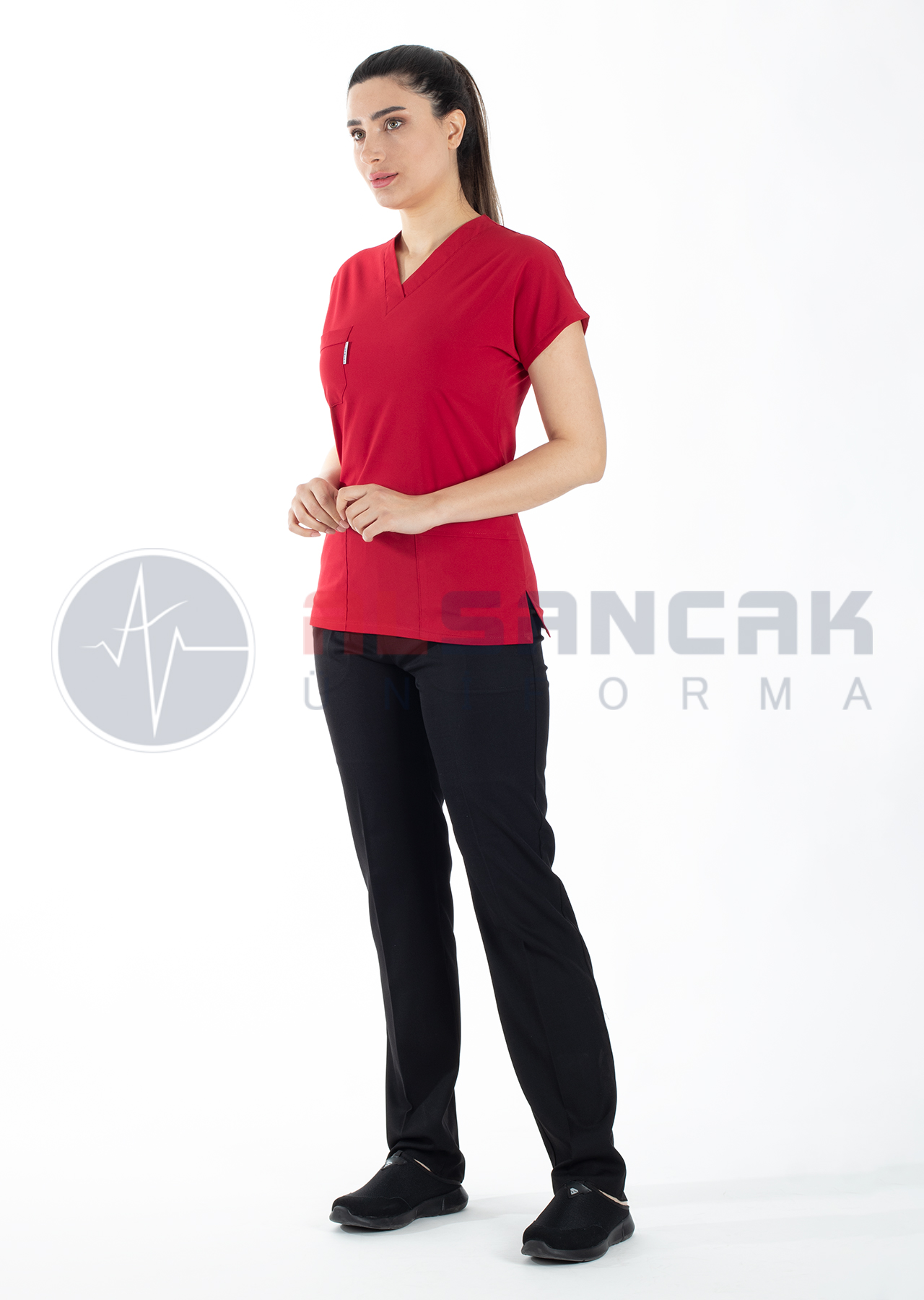 Scrubs Flex® Kırmızı/Siyah Soft Likralı İnce Doktor ve Hemşire Forması