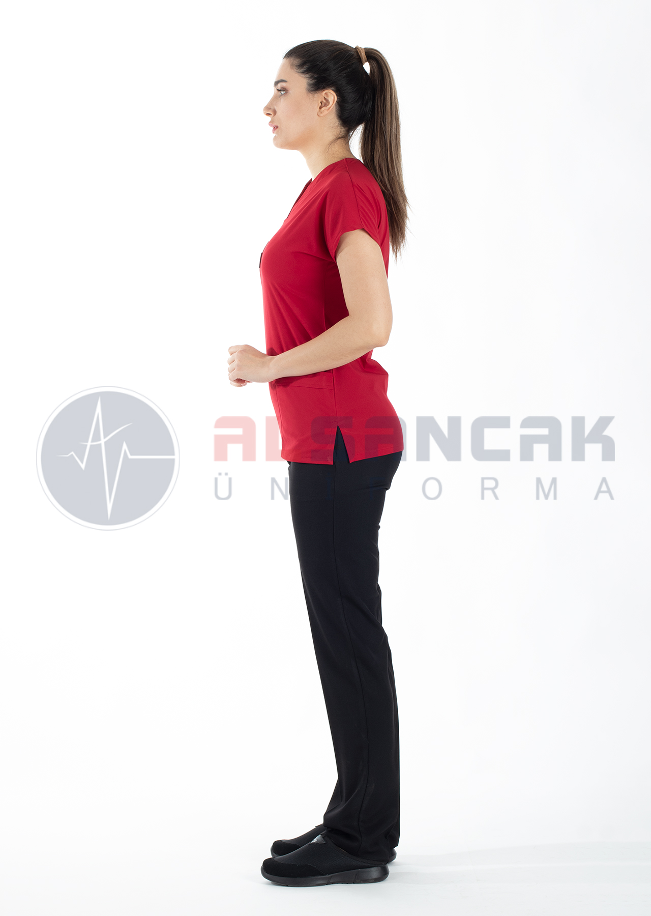 Scrubs Flex® Kırmızı/Siyah Soft Likralı İnce Doktor ve Hemşire Forması